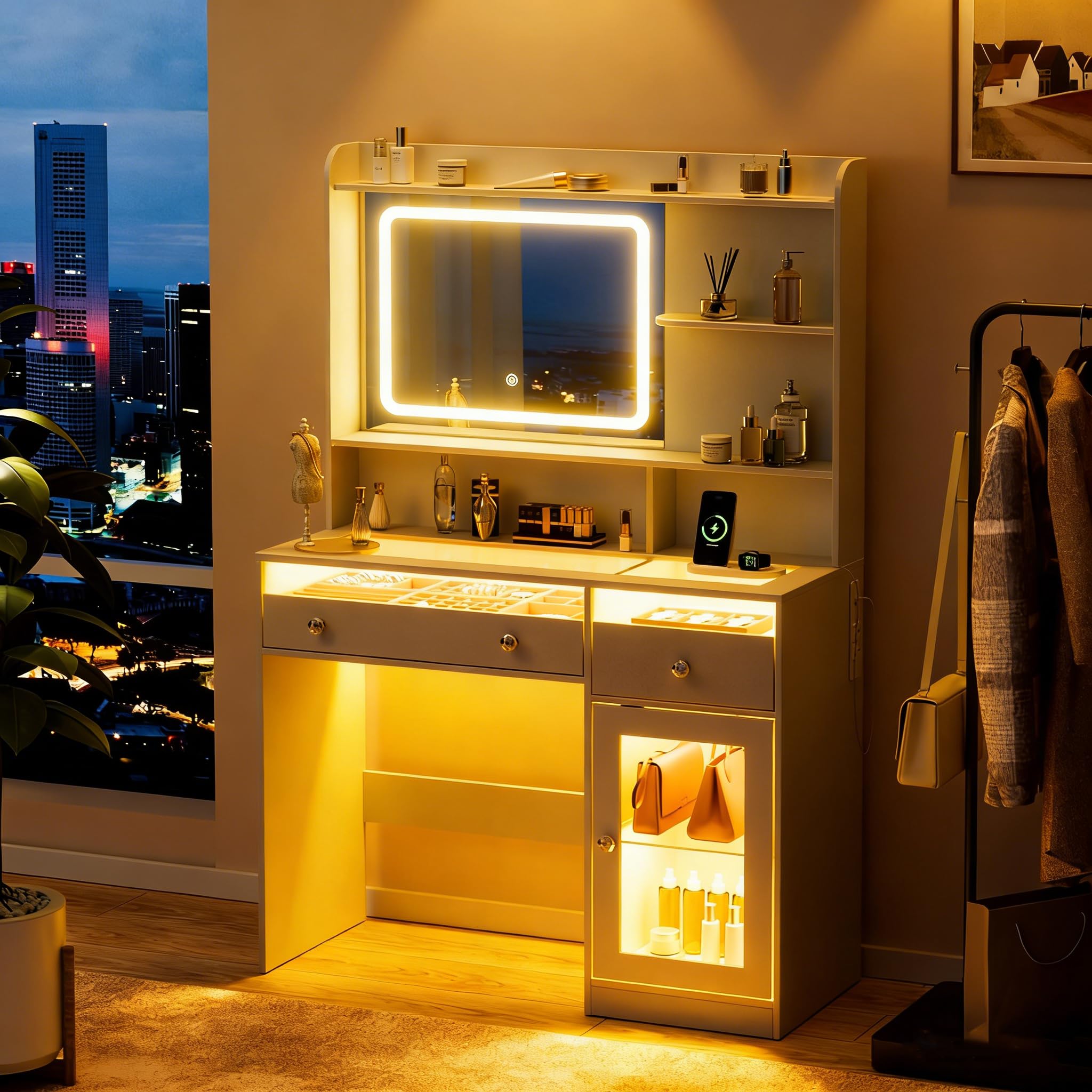 Korfile Vanity Desk, Makeup Vanity Desk with Mirror and Lights 3 Colors, Transparent Top with 2 RGB Drawers, 3 Shelves, 1 Large Tempered Cabinets, Power Outlet for Bedroom, White