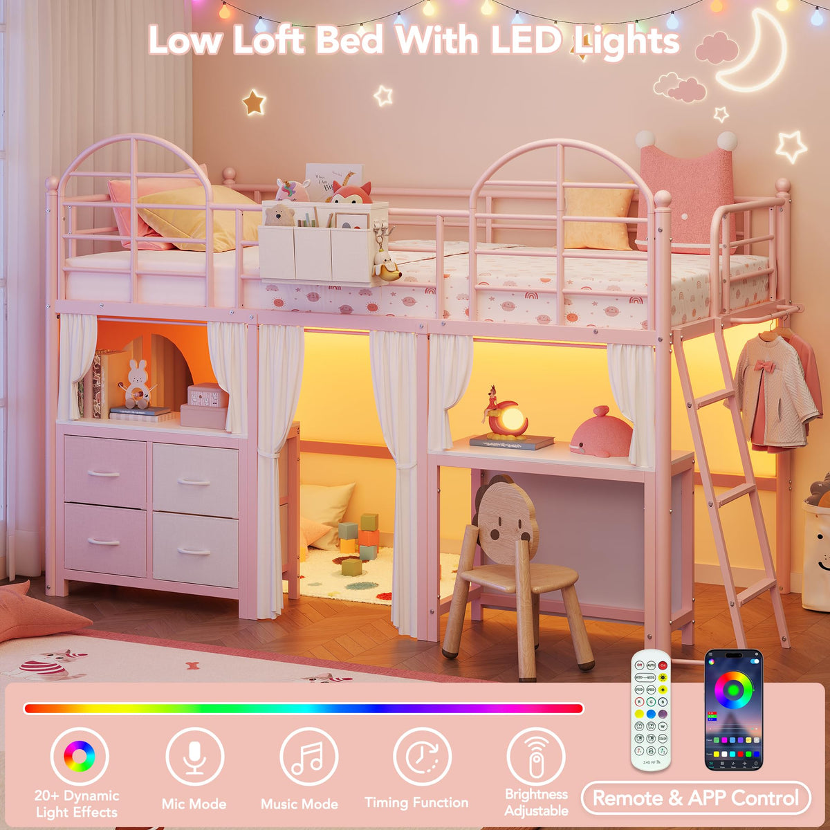 Twin Low Loft Bed with Desk & 4 Storage Drawers, Smart LED Lights, Pink