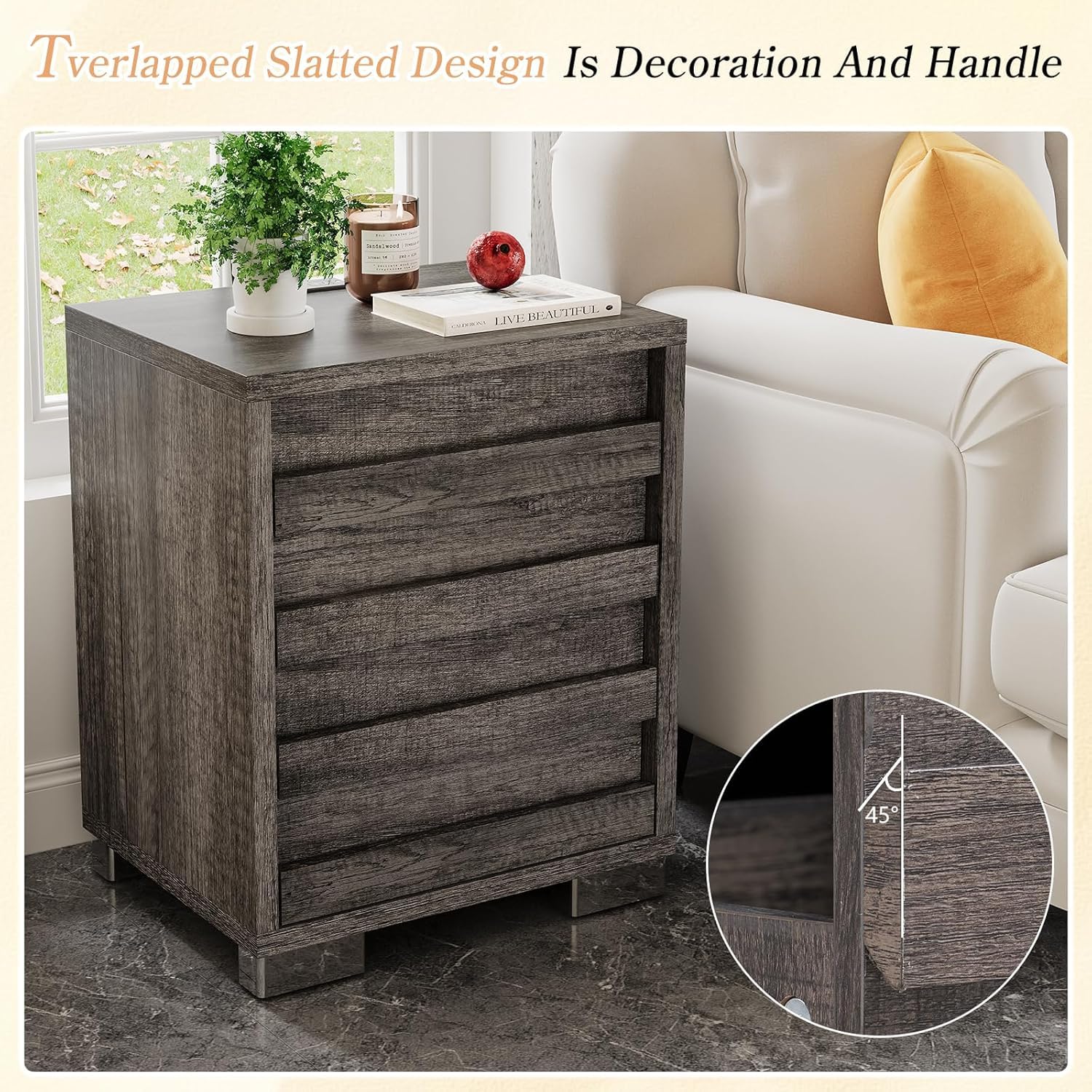 LUXOAK 3 Pcs Bedroom Furniture Sets,Includes Farmhouse Full Size Bed Frame with 49" Tall Headboard and Nightstand Sets of 2 with Charging Station, Slated Handles & Stainless Steel Feet, Rustic Grey