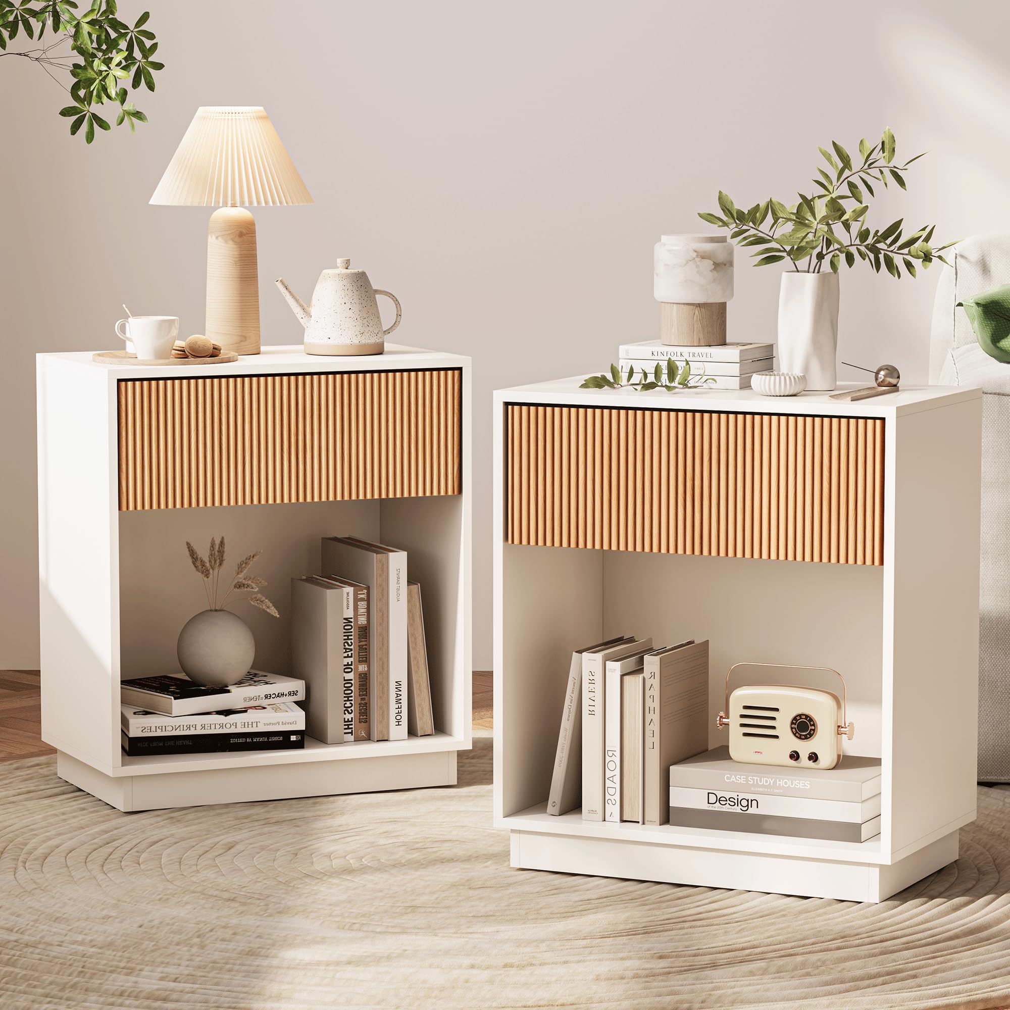 Fluted Nightstand Set of 2 with Drawer & Storage Shelf
