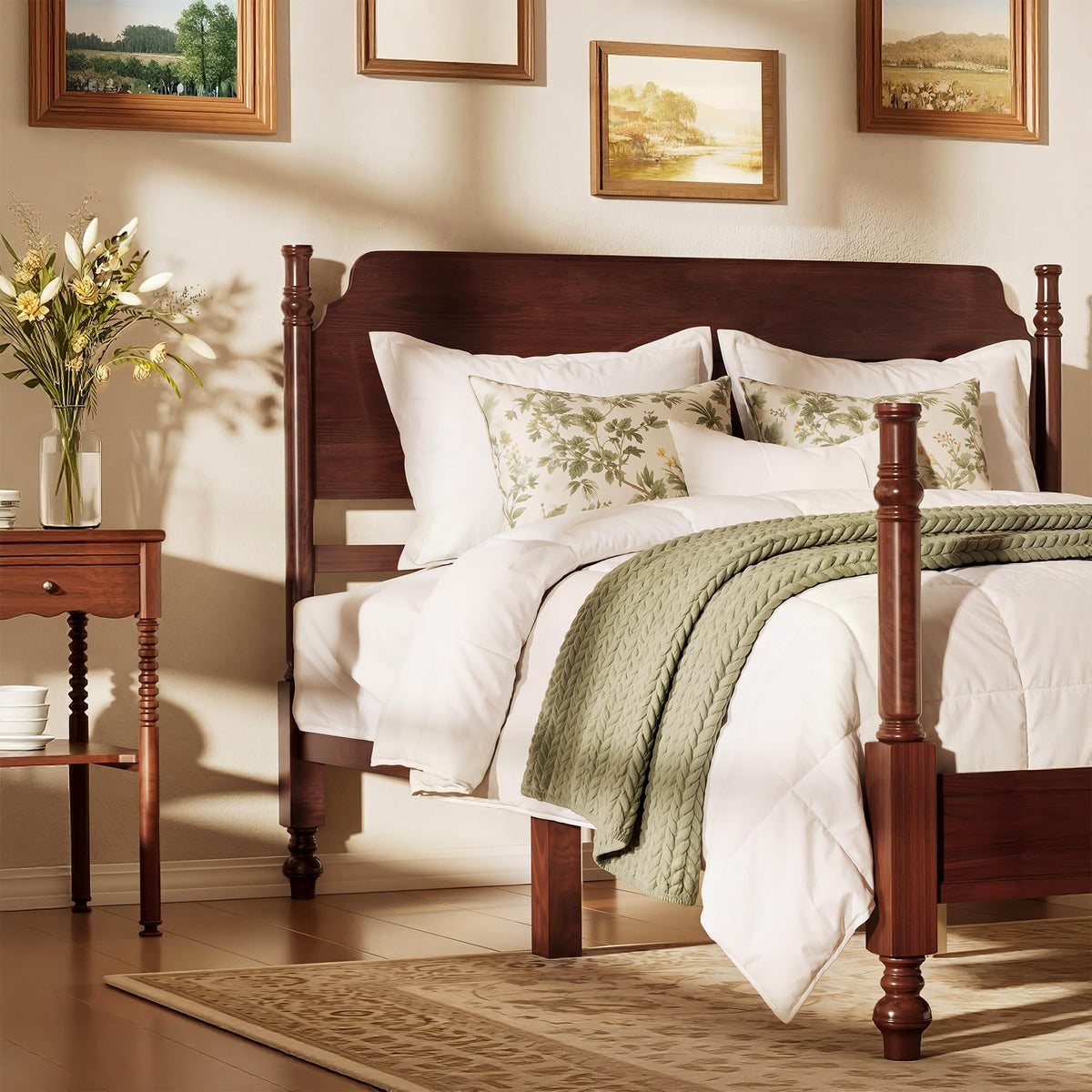 Merax Vintage Wood Spindle Bed Frame with Headboard, Queen Size,Dark Walnut