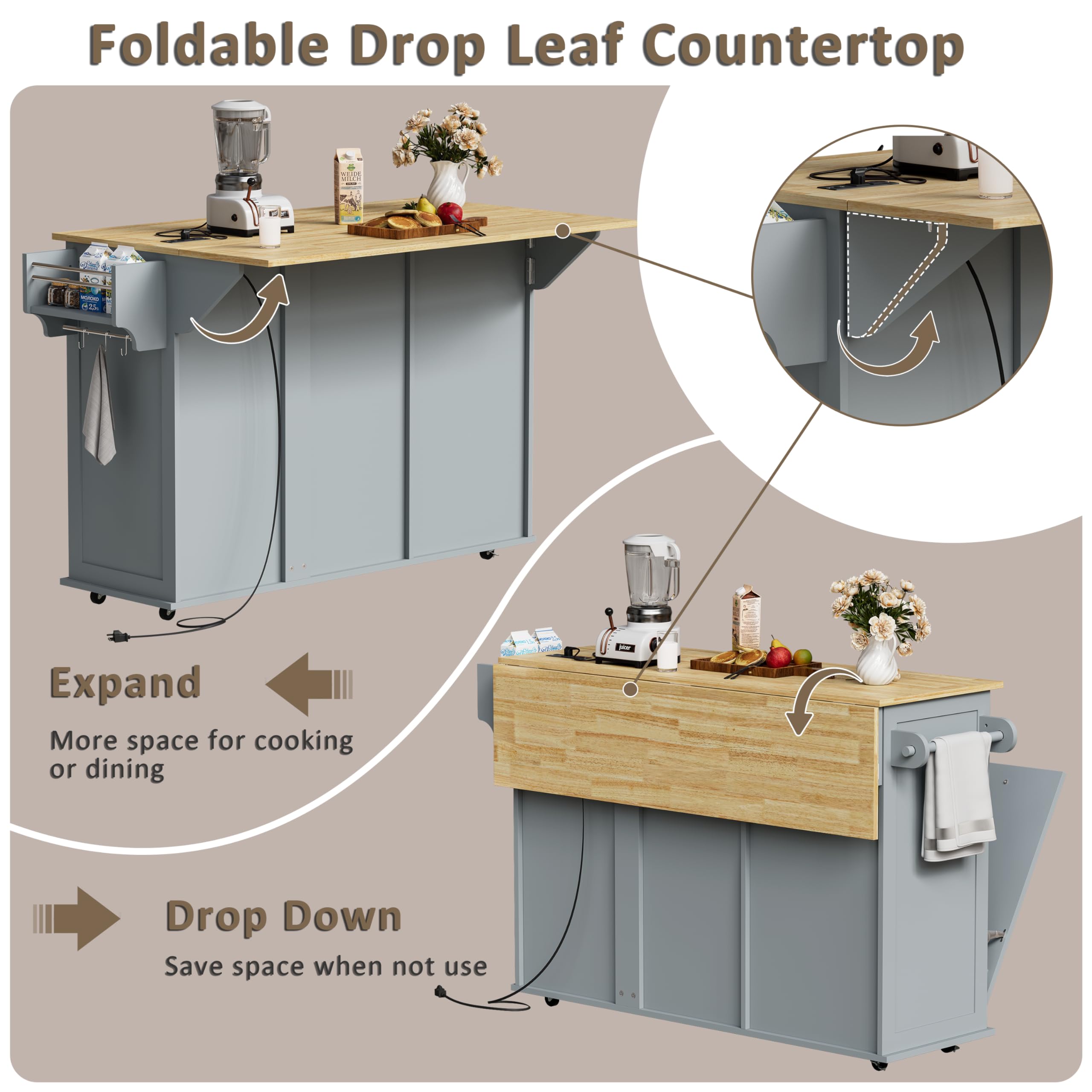 Rolling Kitchen Island with Trash Can Storage & Drop Leaf