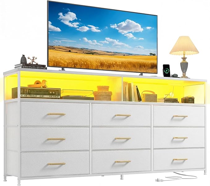 55" Wide Dresser with 9 Drawers, LED TV Stand & Power Outlets
