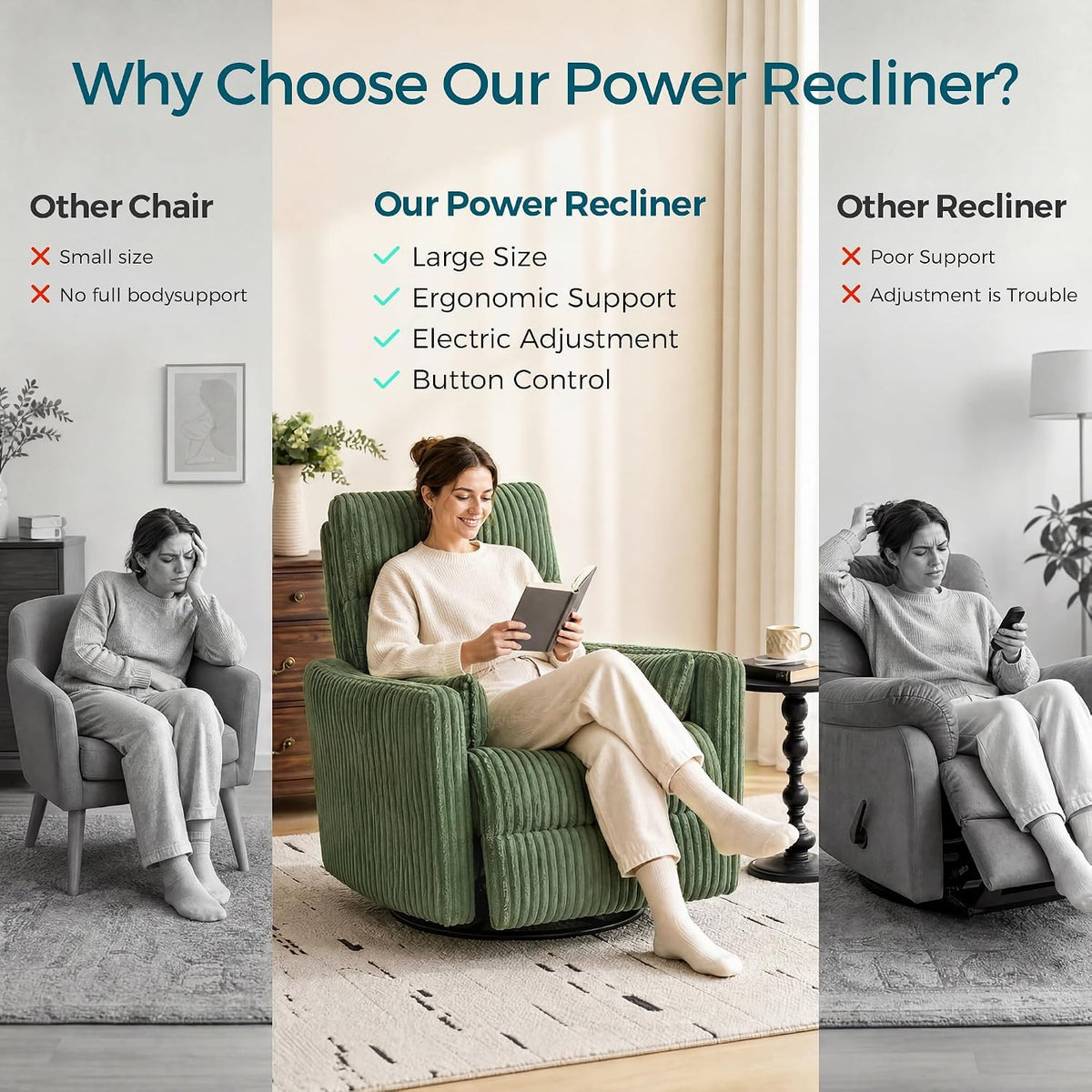 Green Corduroy Power Swivel Recliner