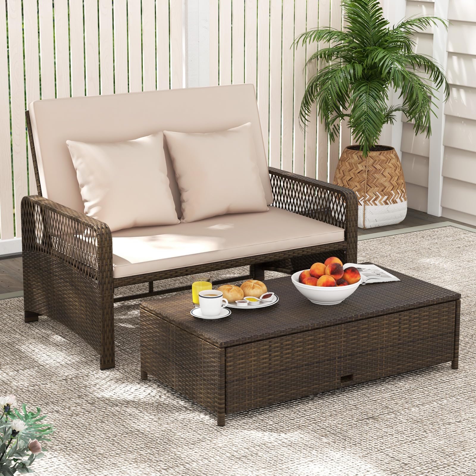 Patio Rattan Daybed with Storage Ottoman