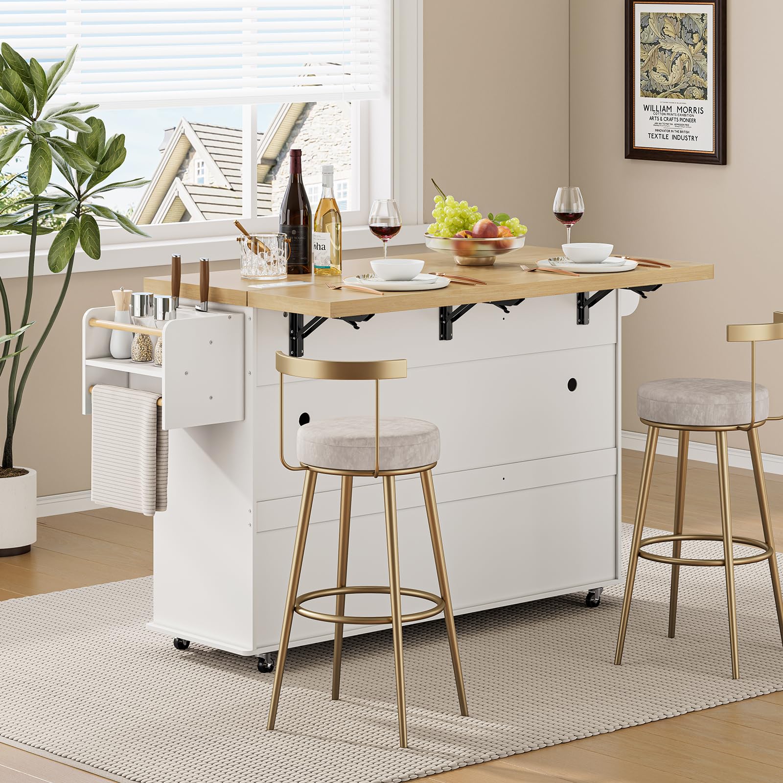 60" Rolling Kitchen Island with Power Outlet & Drop Leaf