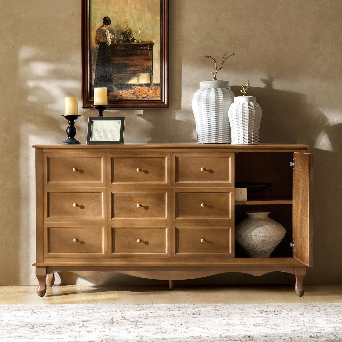 HULALA HOME Transitional Solid Wood Sideboard with Adjustable Shelves, 58" Spacious Storage Sideboard, Versatile Kitchen Buffet Cabinet with Solid Wood Legs, Acorn