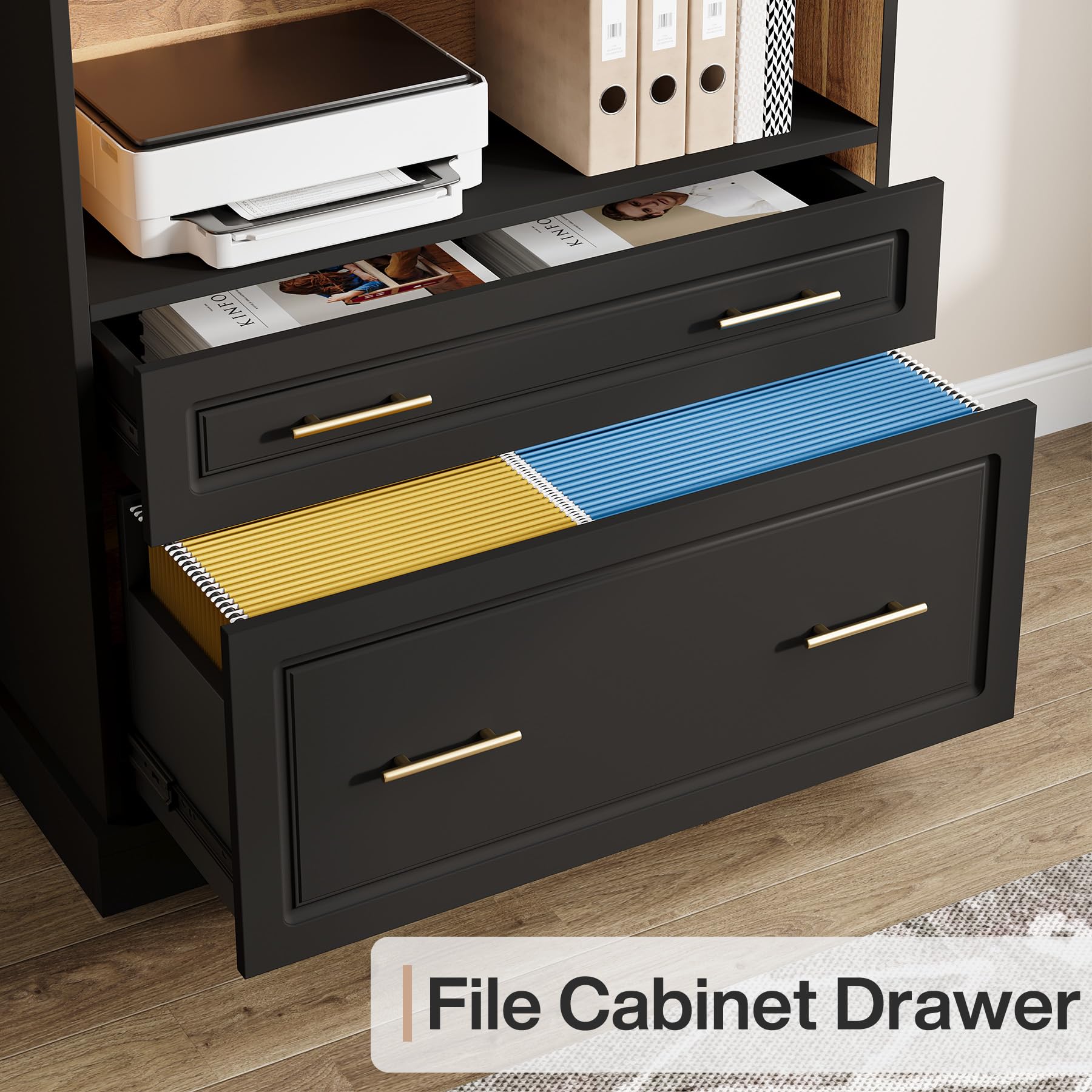 2-Drawer File Cabinet with 5-Tier Bookshelf & Printer Stand