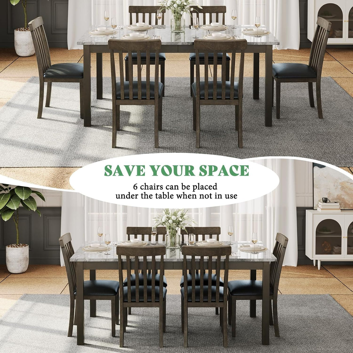 AMERLIFE 7-Piece Dining Table Set, 71" Faux Marble Modern Table, Dark Brown