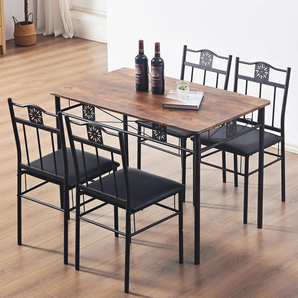 VECELO Kitchen Dining Room Table Sets for 4, 5 Piece Wood Rectangular Breakfast Nook, Dinette with PU Padded Chairs, Brown