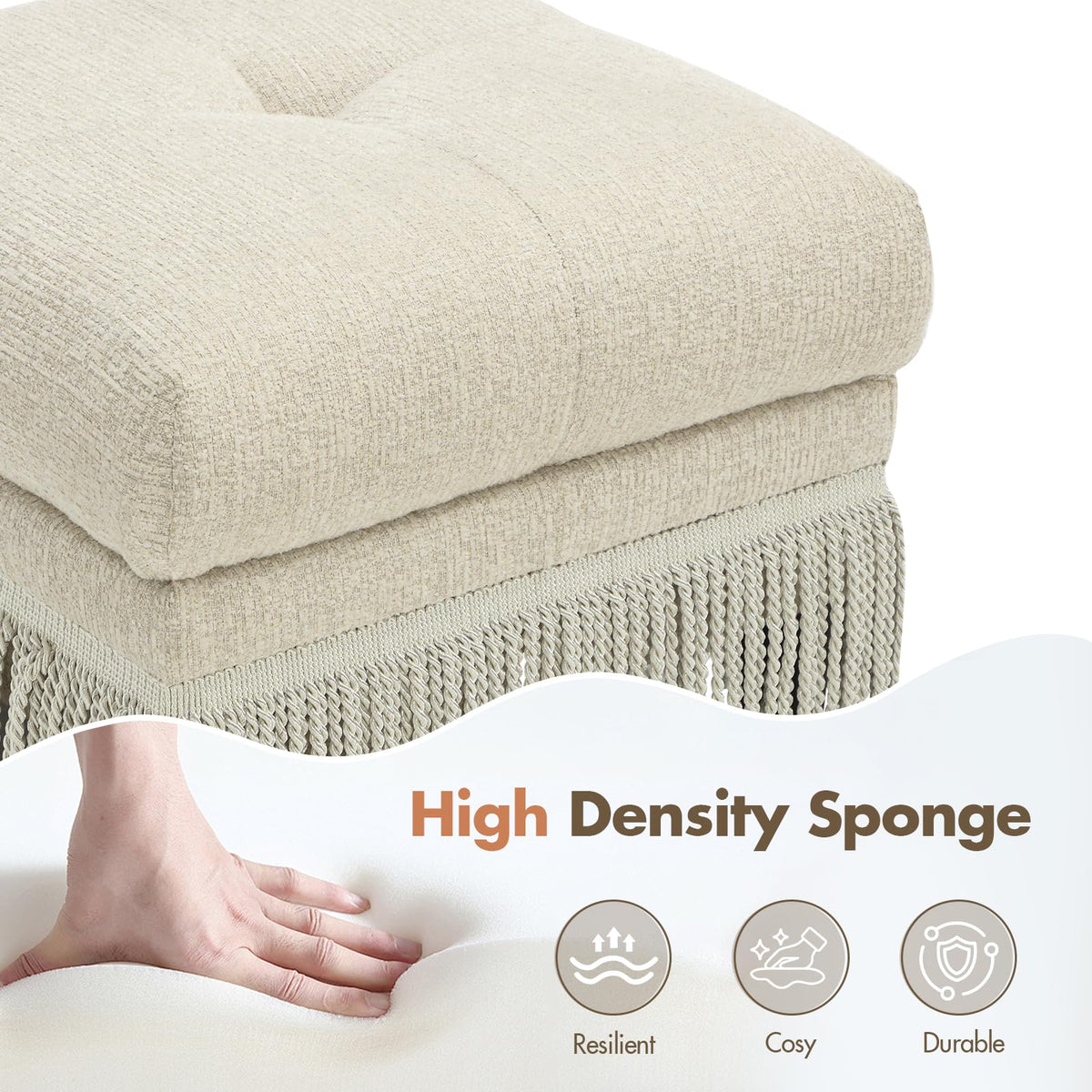 Hyfirm Upholstered Ottoman Footstool with Fringe Skirt, 21.5" Square