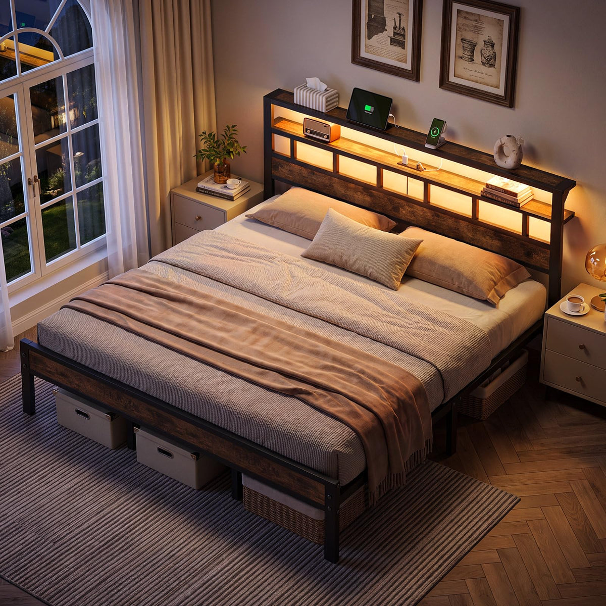 Insdiy King Bed Frame with Charging Station and LED, Metal Platform Bed