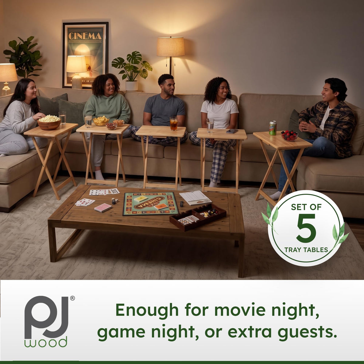 PJ Wood - 5-Pack Folding TV Tray Tables - Wooden Set with Storage Rack