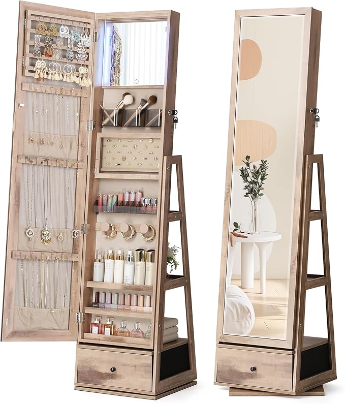 360° Swivel Jewelry Cabinet with Lighted Mirror