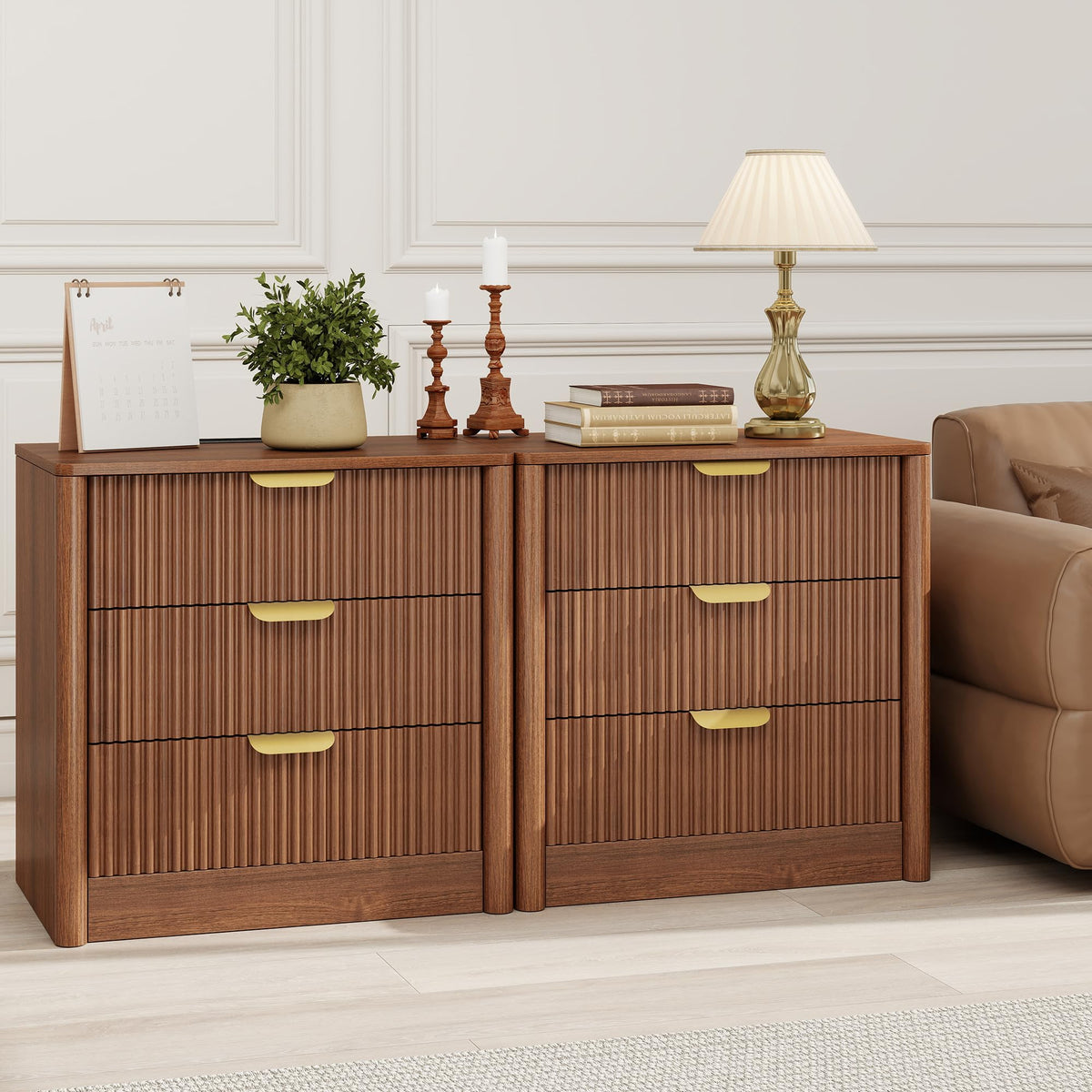 PLRSOZIM 23.6" Walnut Fluted Nightstand with Charging Station and 3 Drawers