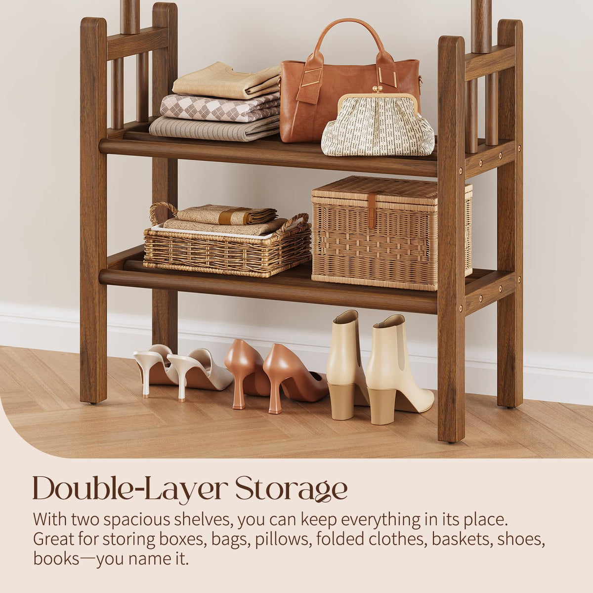 Solid Wood Clothing Rack with Shelves - Coat Rack Freestanding with 6 Hooks Load 450 Lbs, 3-in-1 Hall Tree for Hanging Clothes, Tall Garment Racks with Storage for Bedroom, Entryway, Living Room