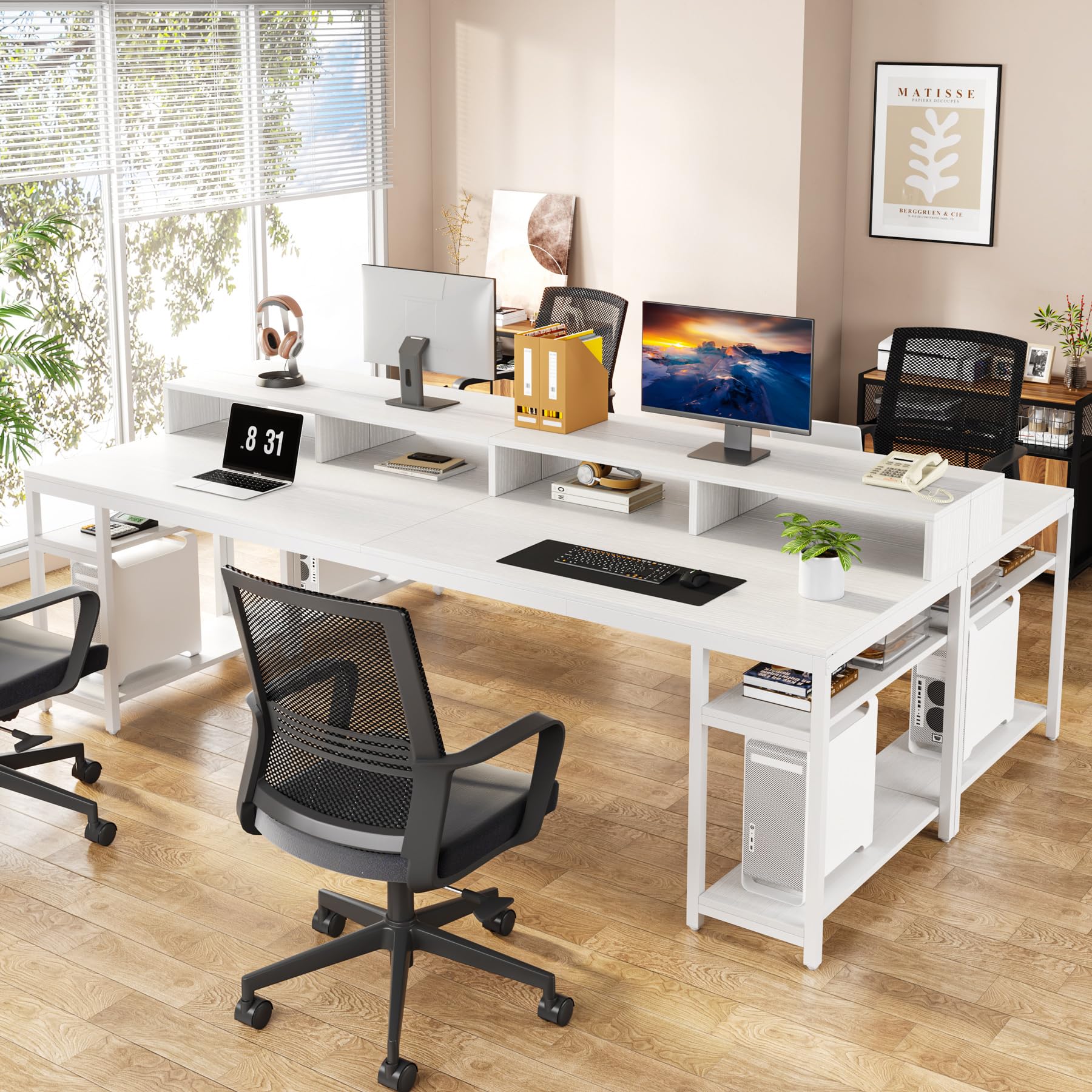 78.74" Double Desk with Monitor Stand & Storage Shelves