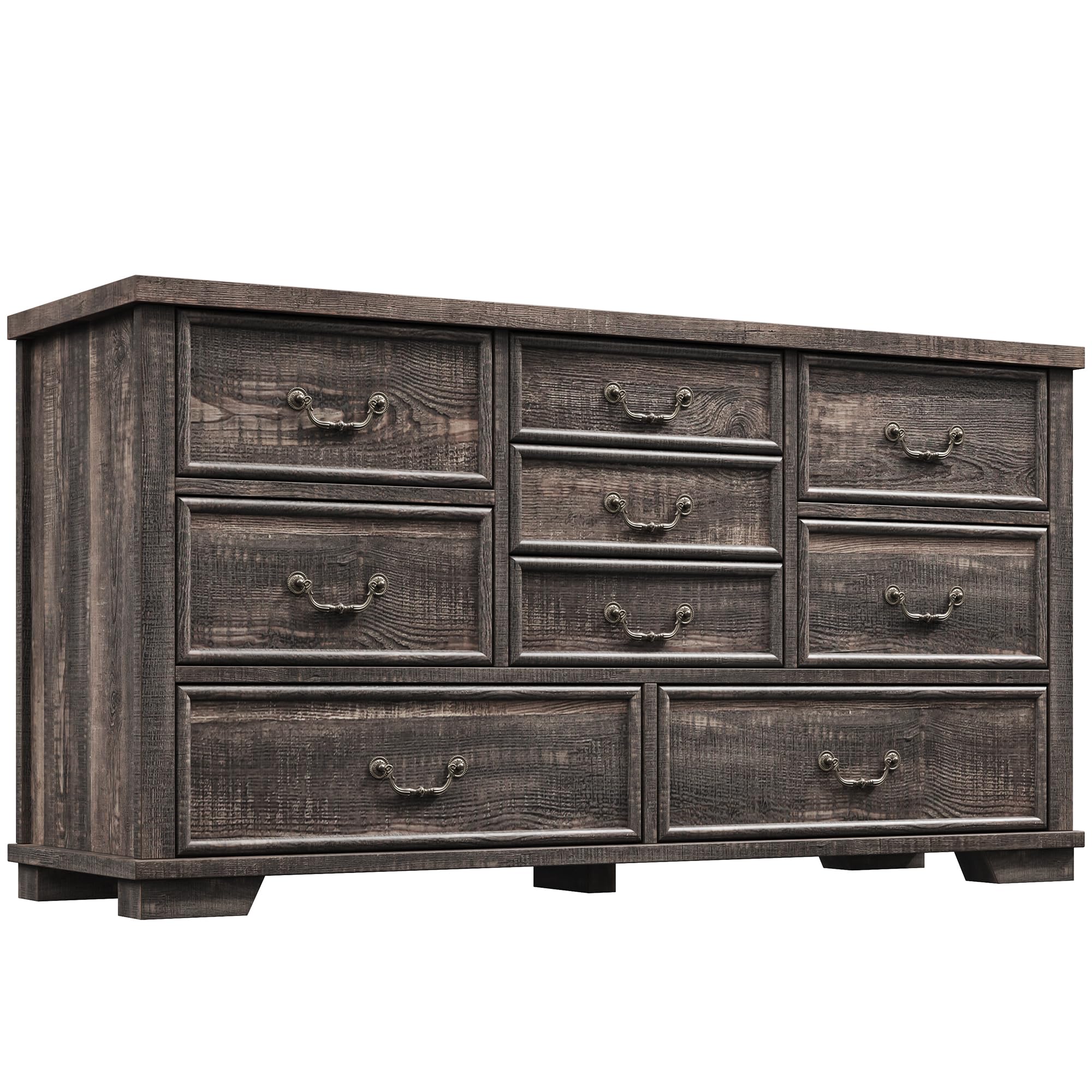 EnHomee Farmhouse 9 Drawer Dresser for Bedroom, 52" Wooden Dresser with Vintage Design, Hallway, 15.6" D x 52" W x 36" H Dark Rustic Oak