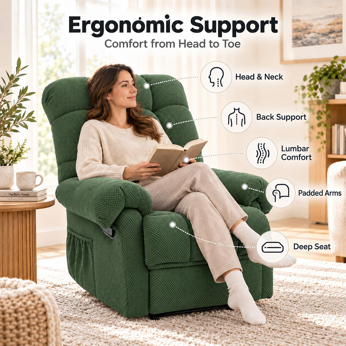 Recliner Chairs for Adults, Ergonomic Indoor Lounge Chairs (Army Green)