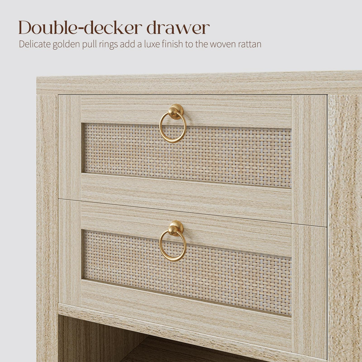 Rattan Nightstand with Charging Station - Boho Night Stand with 2 Drawers