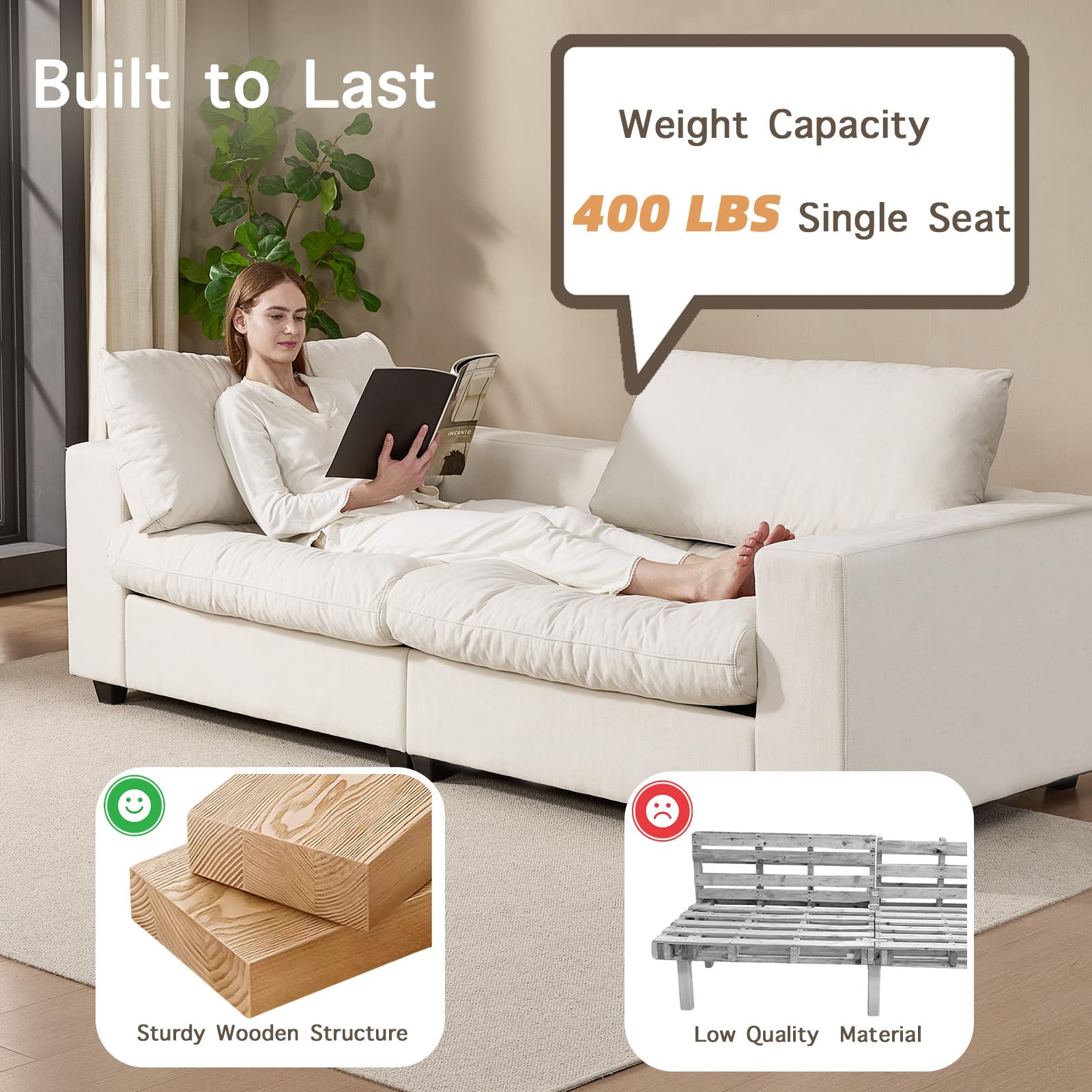 Orcalic 87'' Storage Sofa Couch, 3 Seater Sofa with Extra Deep Seats, Modern Couches for Living Room, Comfy Upholstered Space Saving Sofa with Washable Cushion Covers for Apartment, White