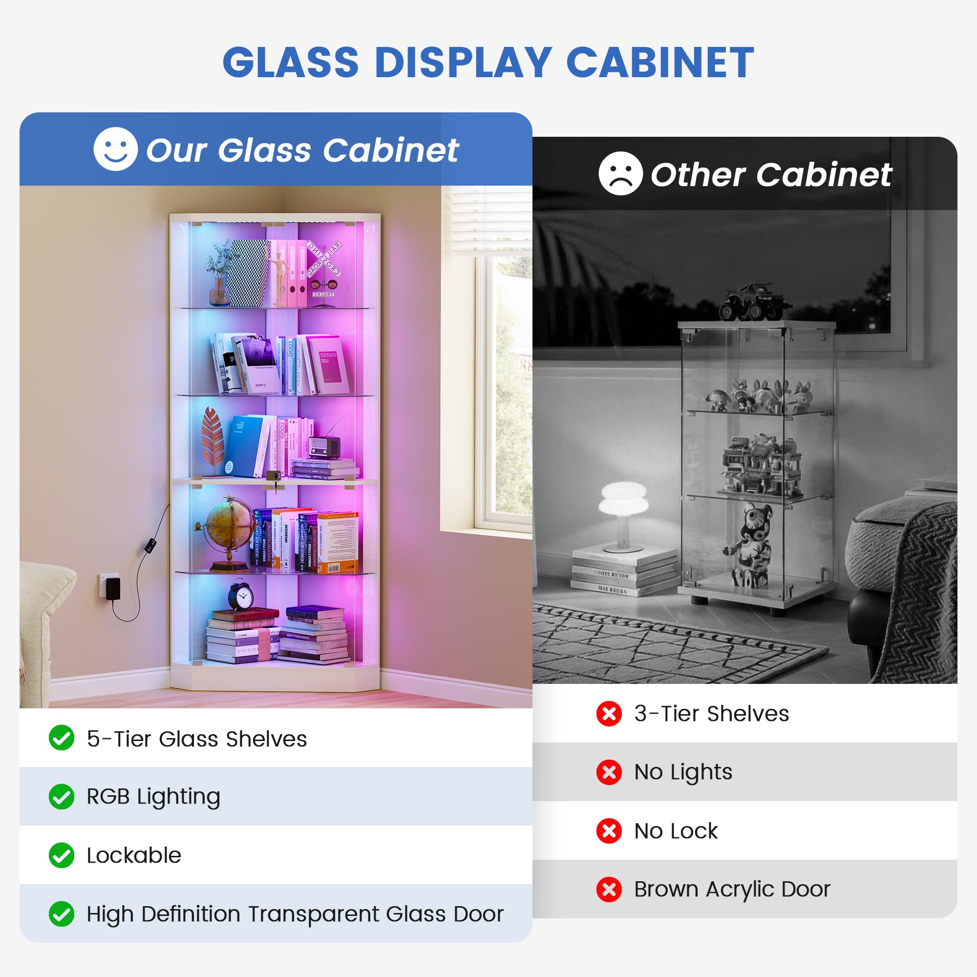 5-Tier Corner Glass Display Cabinet with RGB Lights