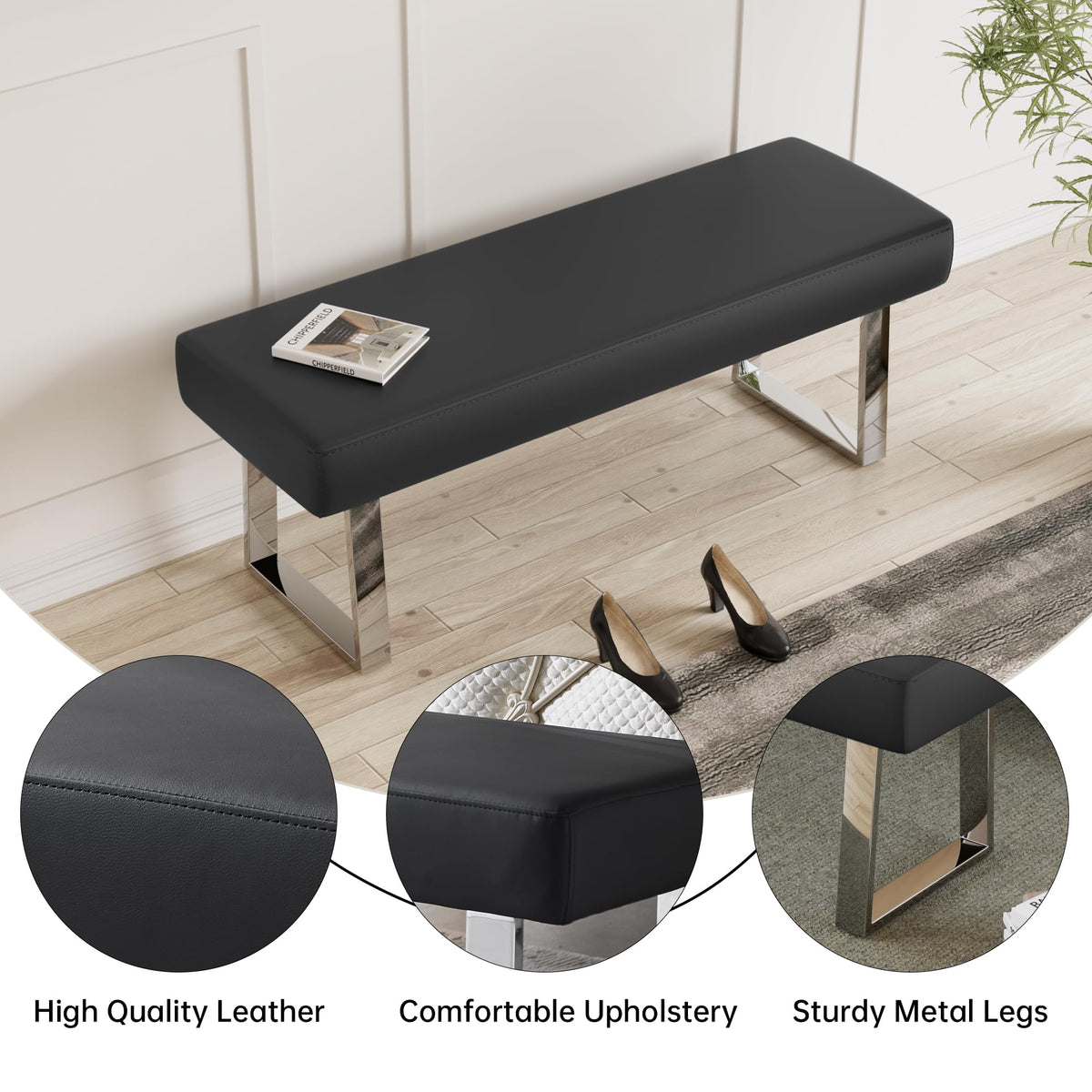 Black Faux Leather Bench