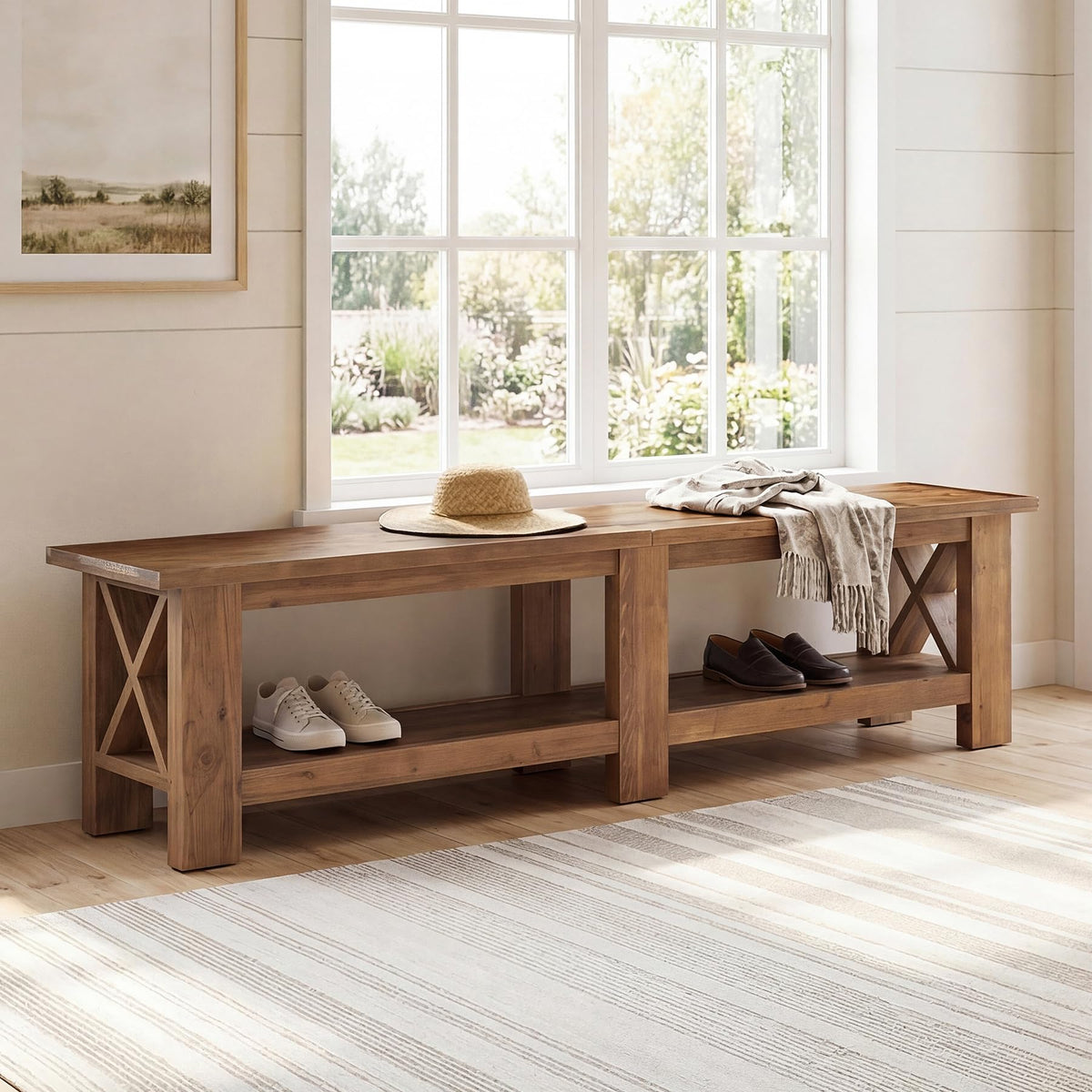 TRIBEWOOD 70.87" Solid Wood Entryway Shoe Bench, Extra Long Storage Bench