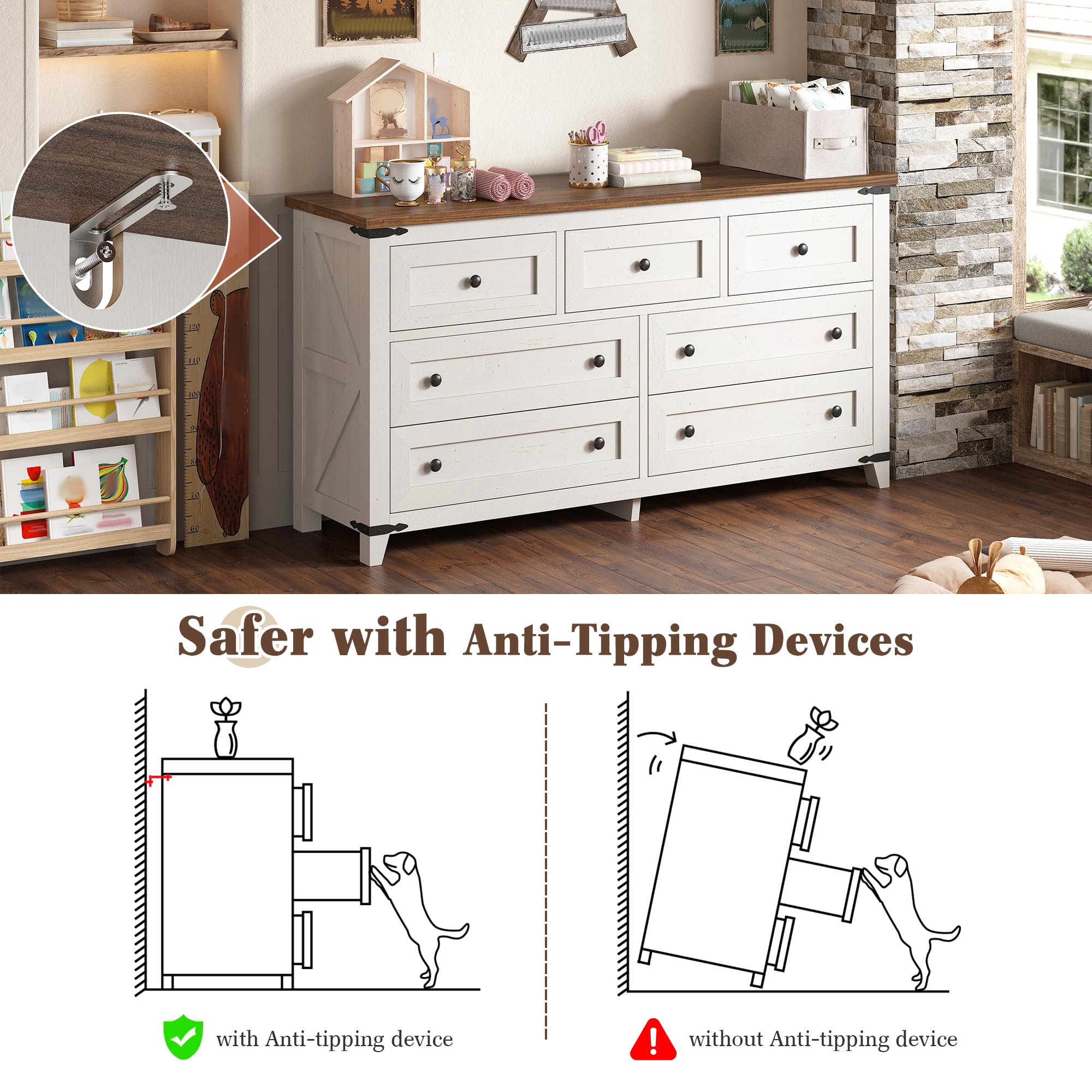 EnHomee Dresser for Bedroom with 7 Drawers White Dresser with Smooth Metal Rail TV Stand for Bedroom, Hallway, 15" D x 51.2" W x 31.5" H, Antique White