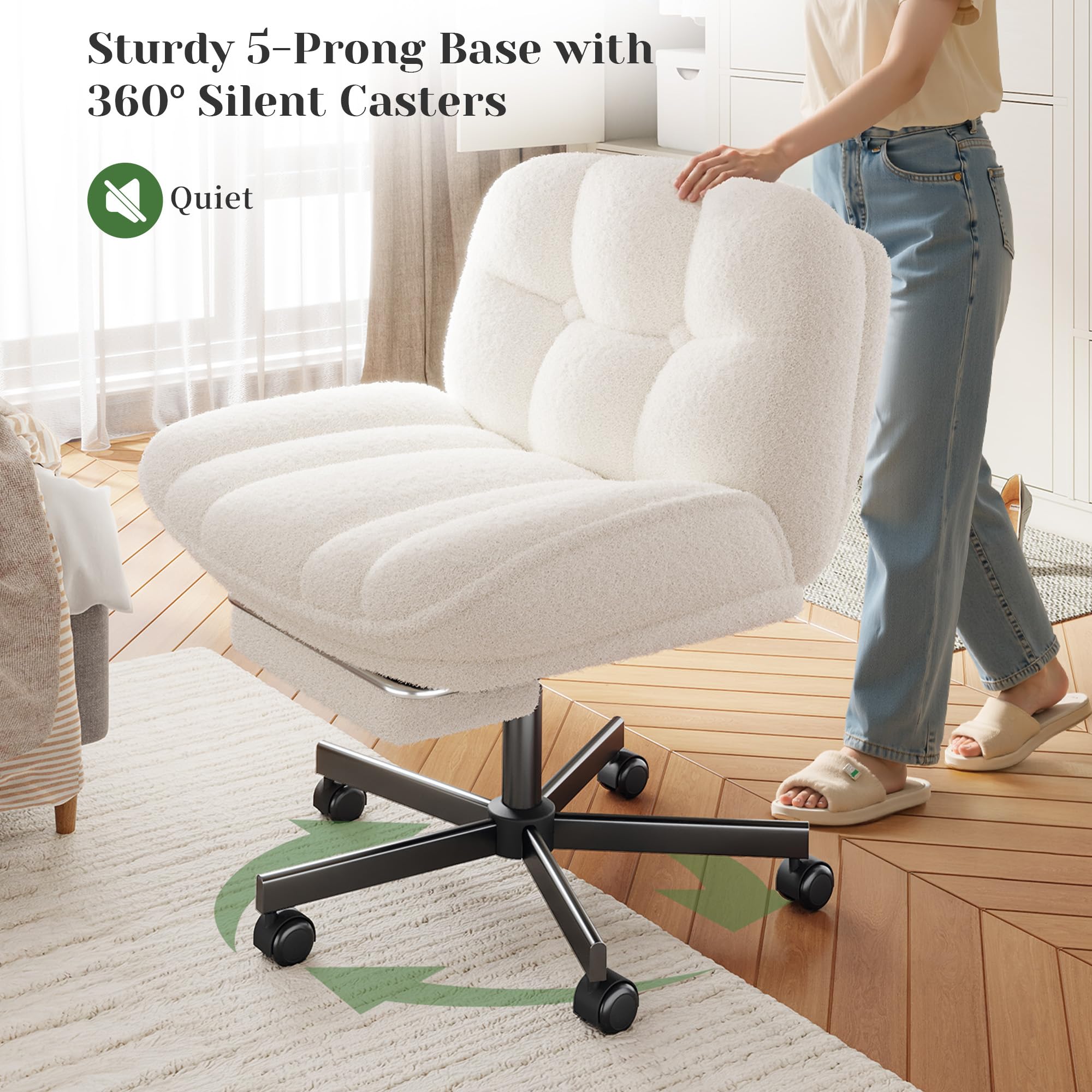 DurayLoly Cross Legged Office Chair with Foot Rest, 6.3" Thick Cushioned Criss Cross Chair with Wheels, Height Adjustable Swivel Vanity Chair for All-Day Comfort (White)