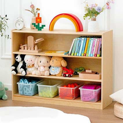 kidi house Kids Bookshelf and Toy Storage Shelf, Wooden Montessori Bookshelf, 3-Tier Toy Shelves with 7 Cubby, Classroom Furniture, Birch Children Bookcase, Book Shelf for Kids Room, Nursery, Playroom