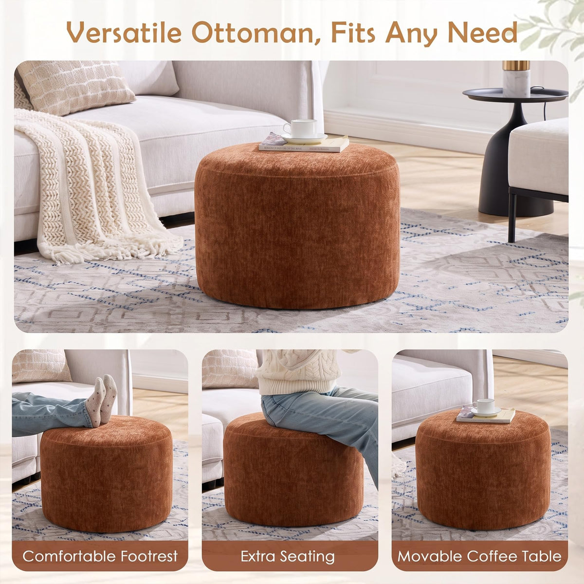 Scingu Upholstered Round Pouf Ottoman Set of 2, Orange-Brown Footstools