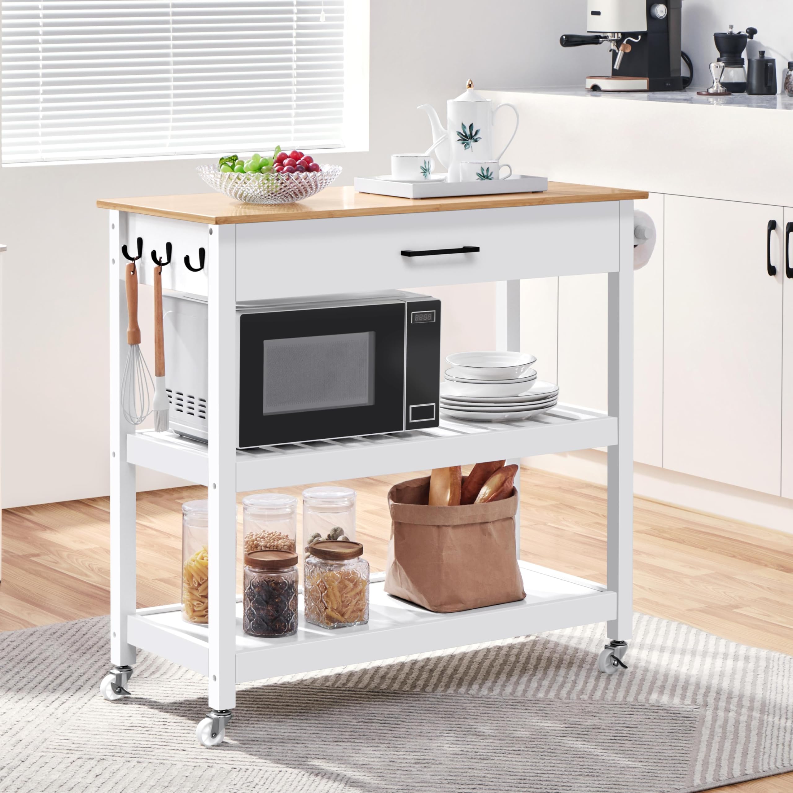 Kitchen Island Cart on Wheels with Drawer, Towel Bar & Hooks