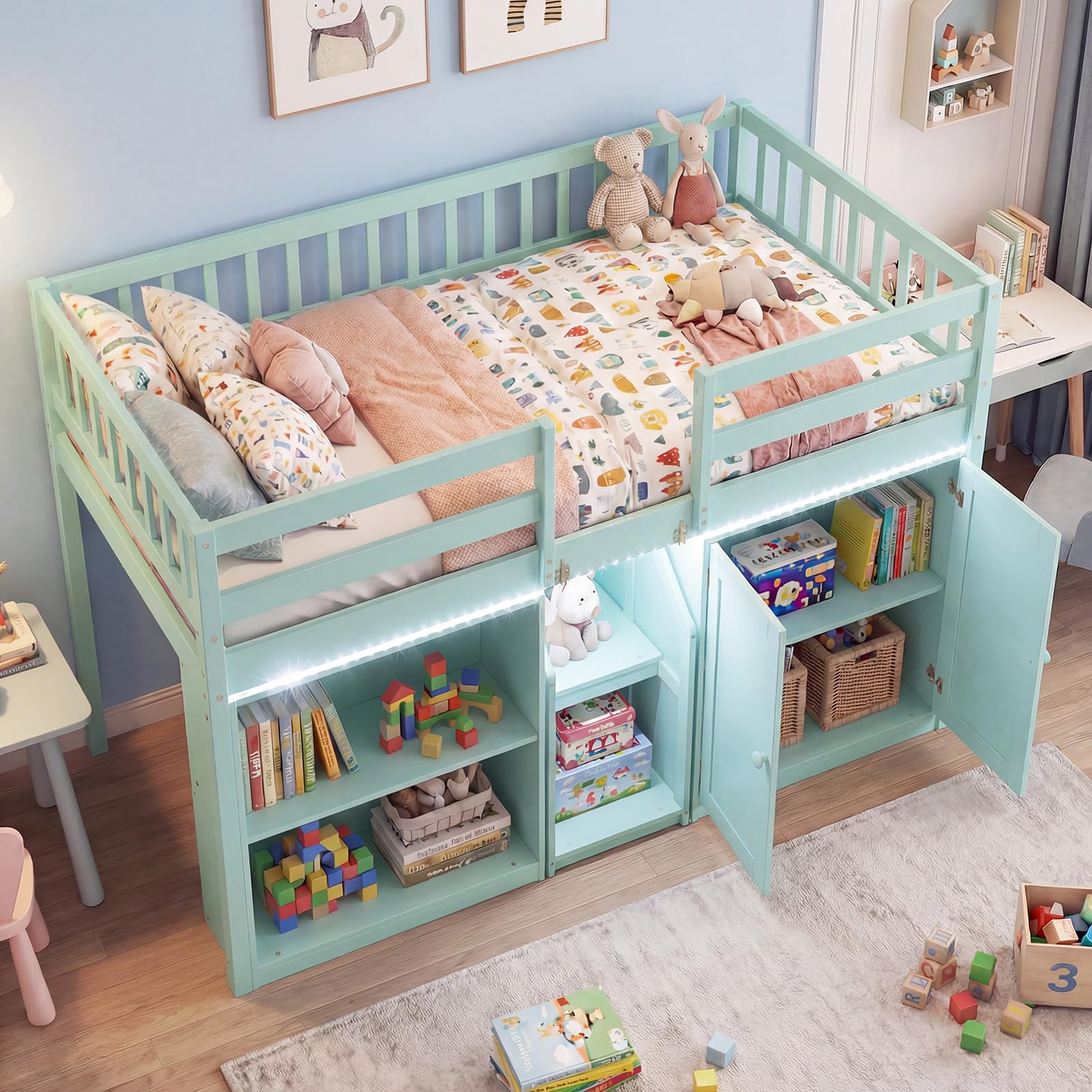 Giantex Low Loft Bed Twin Size with LED Lights, Wooden Bed Frame w/Stairs, Safety Guardrails, Storage Cabinet, Bookshelf & Under-Bed Play Space, Modern Kids Loft Bed for Boys Girls (Mint Green)