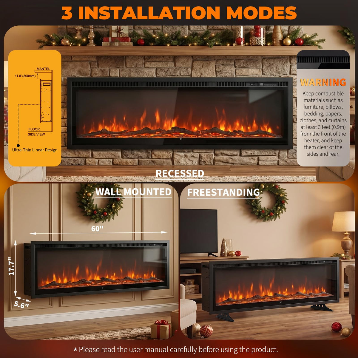 BINMIT 60 Inch Smart Electric Fireplace Insert Recessed and Wall Mounted