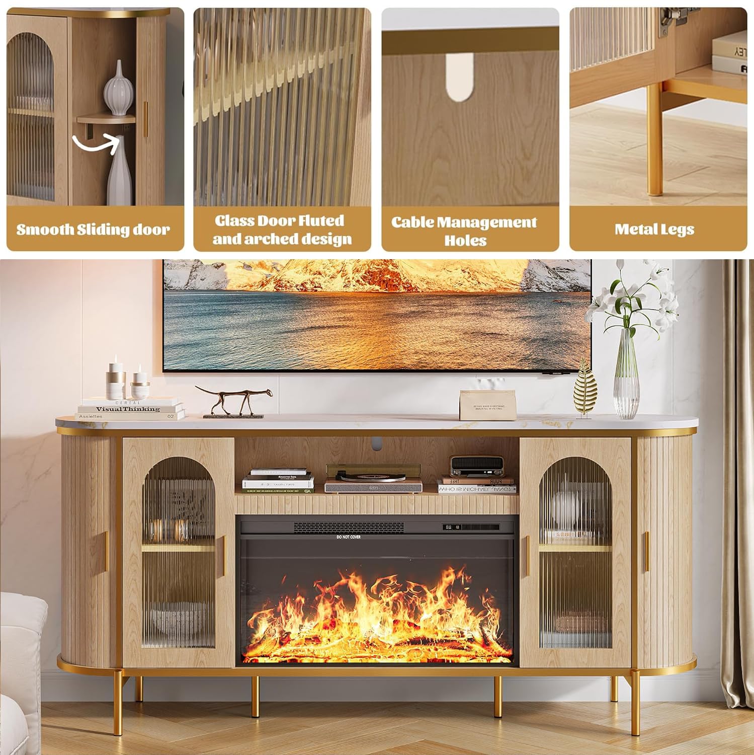 70" Fluted TV Stand with Electric Fireplace