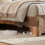 MLJWI Wood Queen Size Bed Frame with Storage Headboard, Farmhouse Platform Bed Frame with Charging Station & LED Lights, Noise Free, No Box Spring Needed (Dark Brown, Queen)