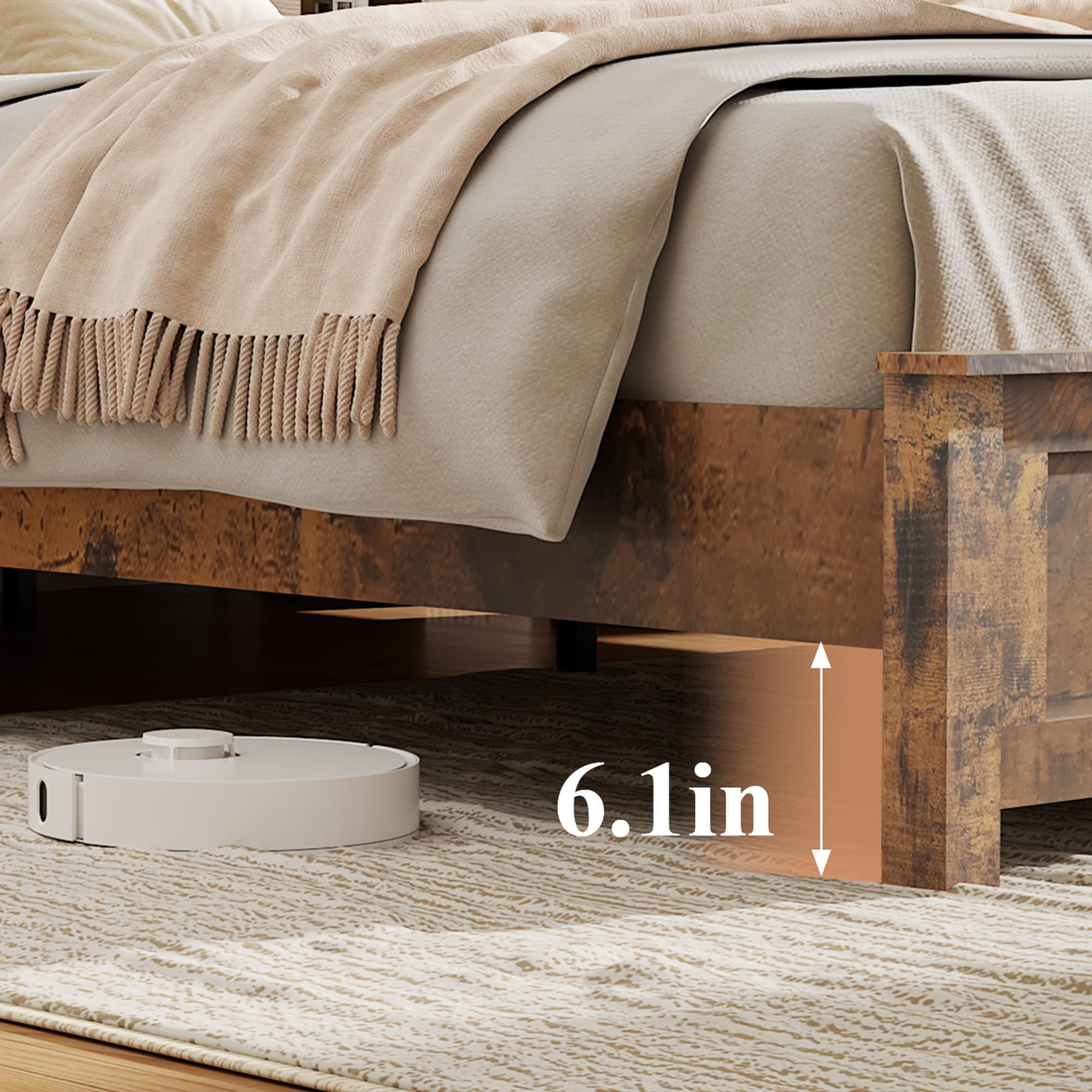 MLJWI Wood Queen Size Bed Frame with Storage Headboard, Farmhouse Platform Bed Frame with Charging Station & LED Lights, Noise Free, No Box Spring Needed (Dark Brown, Queen)