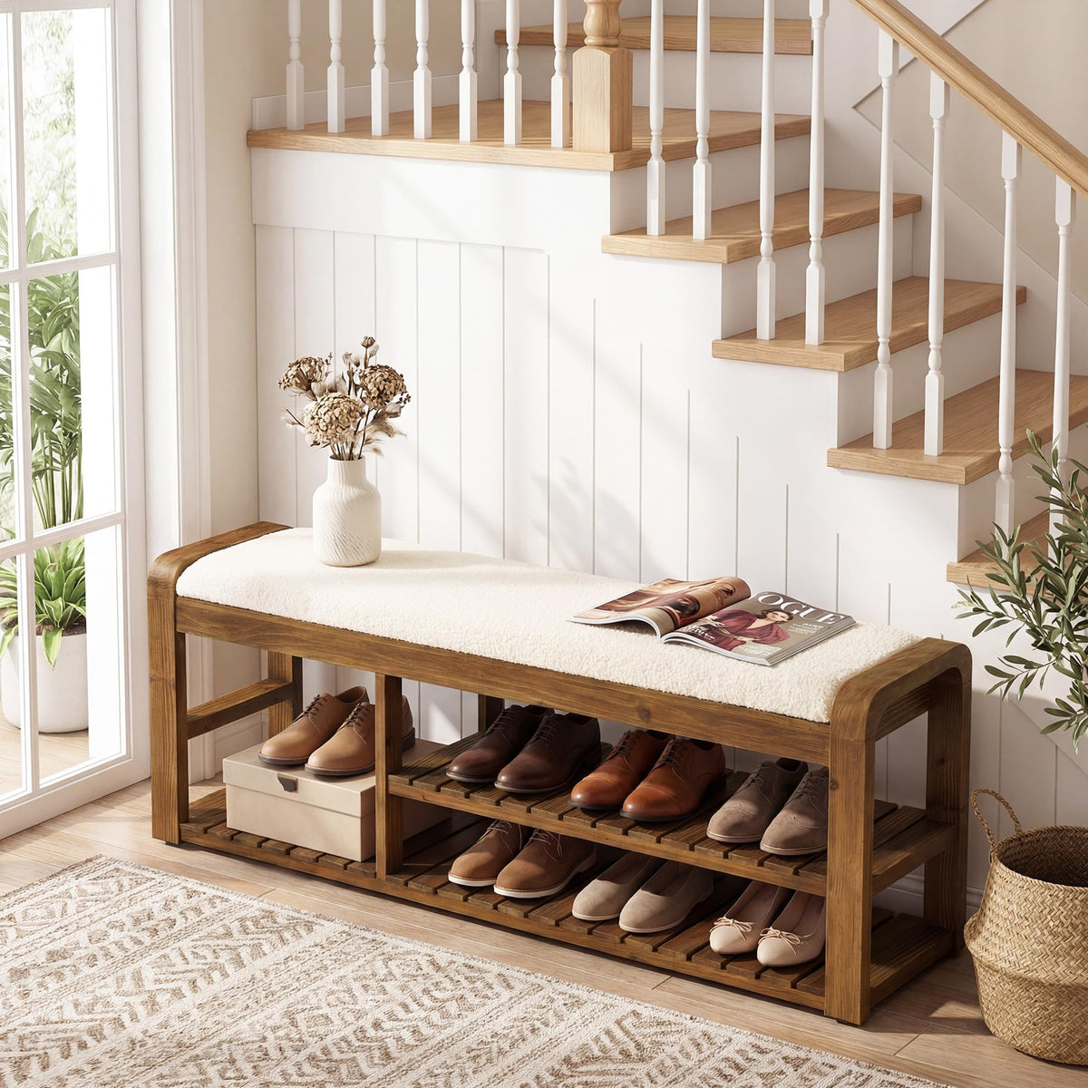 Solid Wood Shoe Storage Bench with Cushion