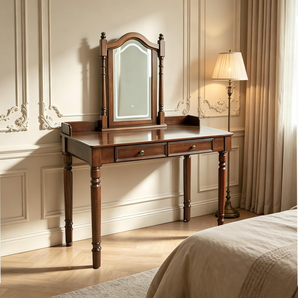 SUSVQLXG 43.7"×22“ Makeup Vanity Desk with 2 Drawers and Smart LED Mirror,Antique Small Vanity Table for Bedroom with Touch-Dimmable and Adjustable-Height Mirror
