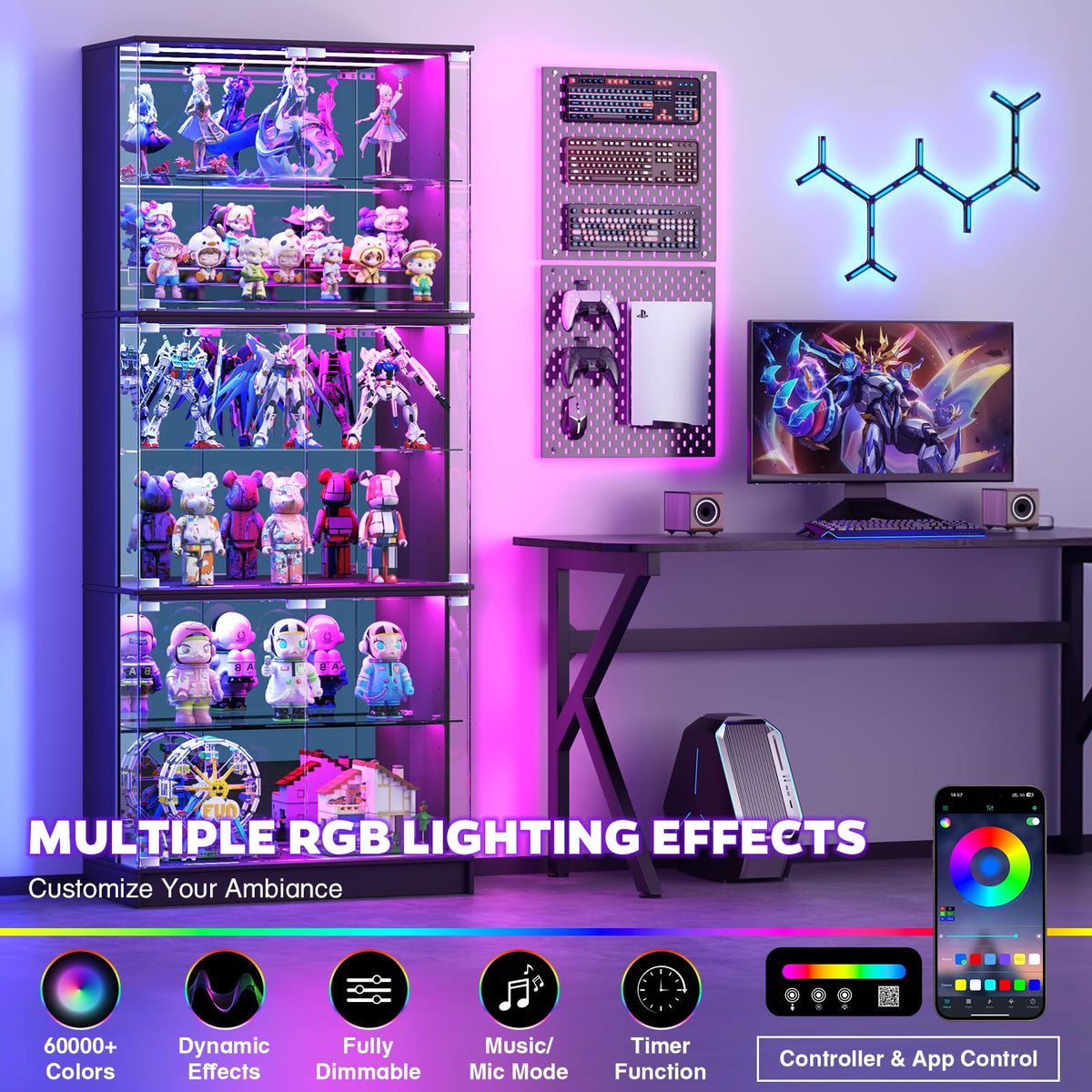 VersionTECH. 71'' Tall Display Cabinet with Glass Doors & RGB Lights, Black