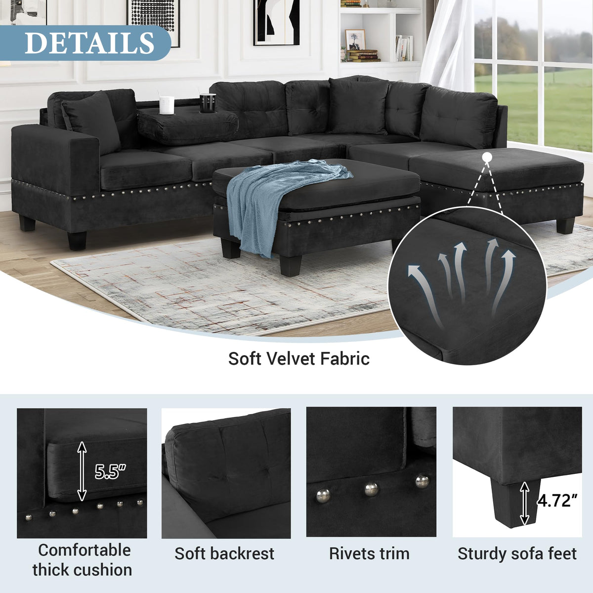 Reversible Chaise Sectional with Storage Ottoman