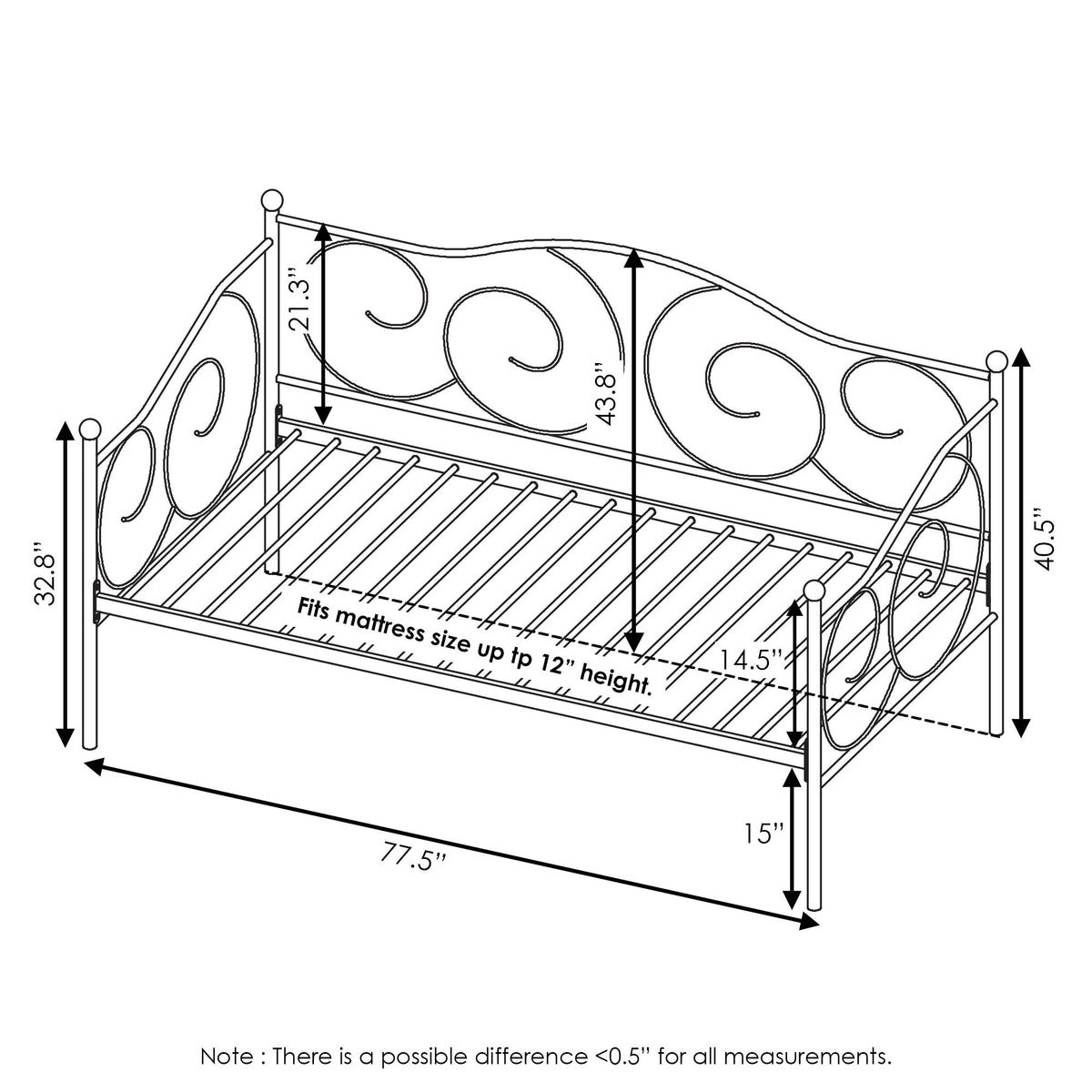 Furinno Angeland Metal Twin Daybed, Heavy Duty Metal Bed Frame, Sofa Bed, with Slats Support Platform, for Bedroom, Living Room, Dorm, Twin, White