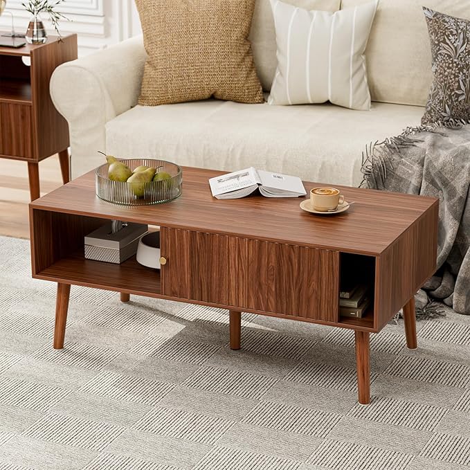 Mid-Century Fluted Coffee Table with Storage