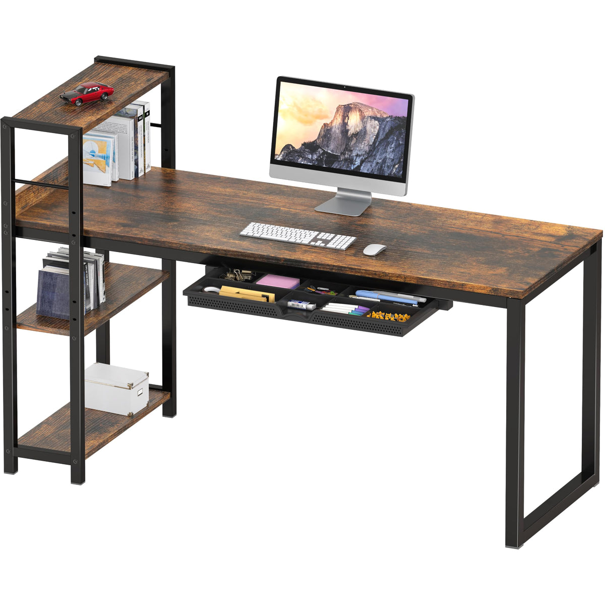 SHW 46-Inch Home Office Computer Desk w/Side Shelf & Drawer, Rustic Brown