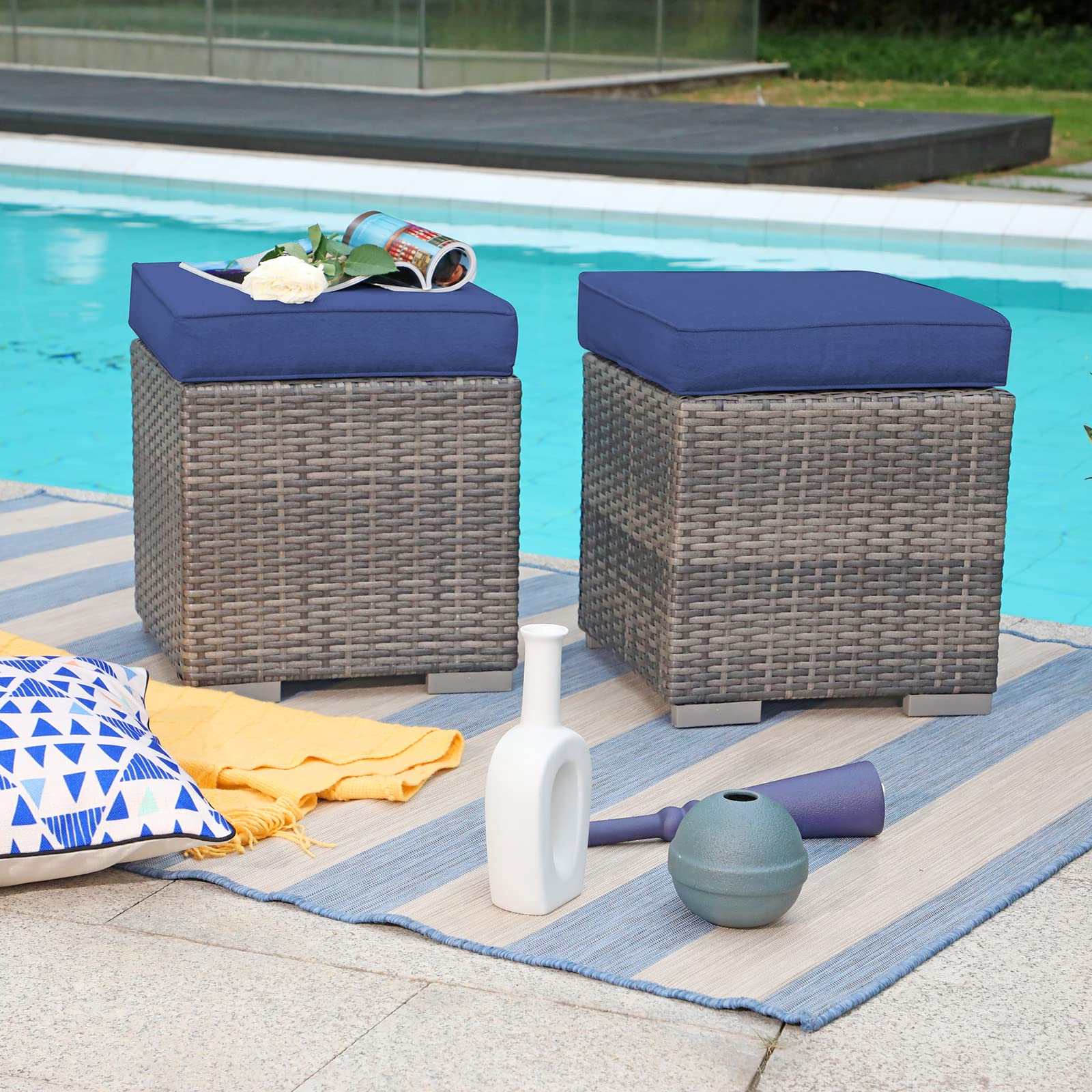 Outdoor Wicker Ottoman Set of 2 with Cushions
