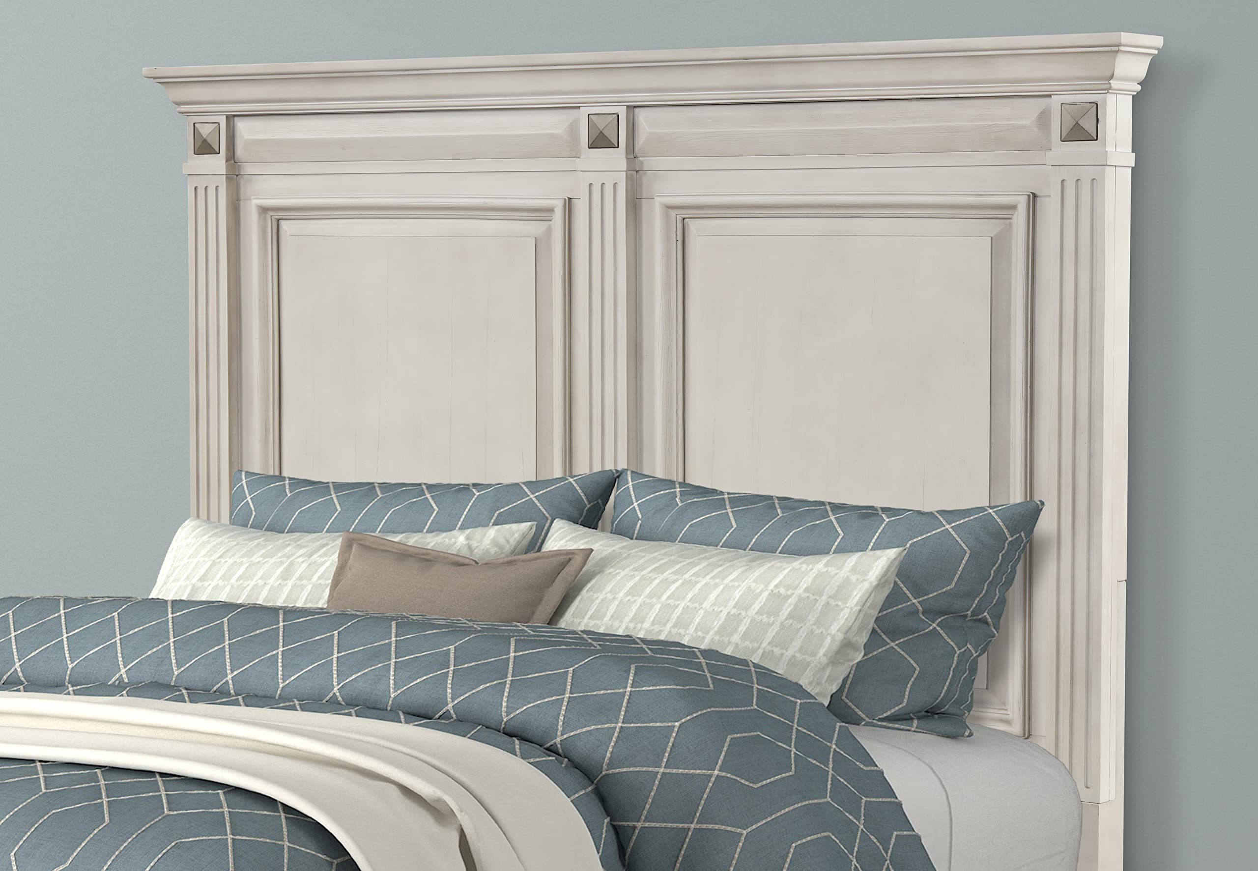 Roundhill Furniture Renova Distressed Parchment Wood Bedroom Set, Queen Panel Bed, Dresser, Mirror, Nightstand, Chest