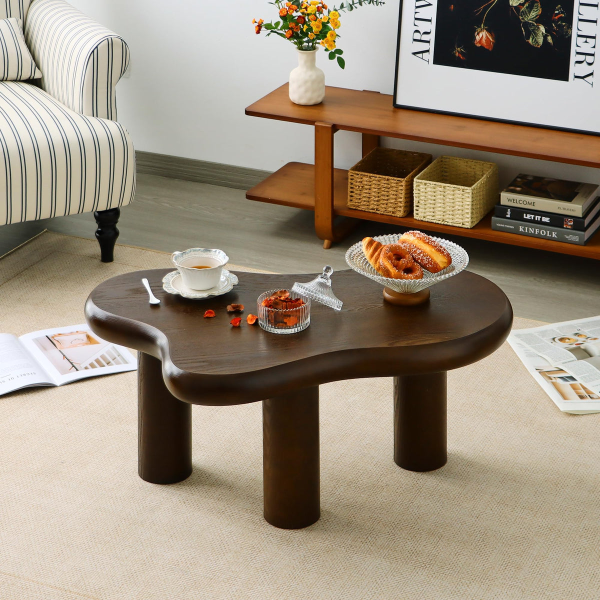 Mordchil HF 34"(L) Cloud Coffee Table, Modern Wood Coffee Table for Living Room, Accent Center Tables with 3 Legs, Small Tea Tables for Balcony, Patio, Bedroom, Walnut