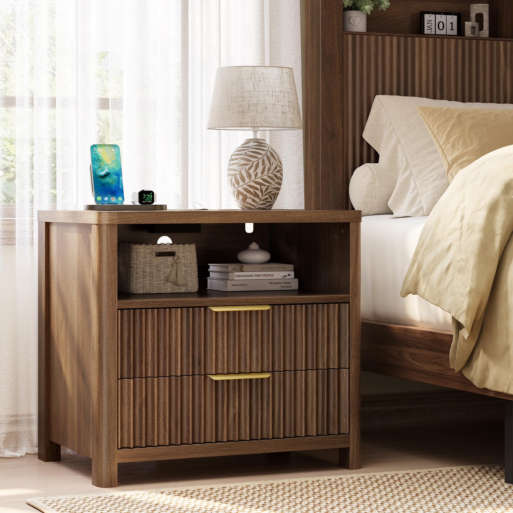 Fluted Nightstand with Charging Station & 2 Drawers