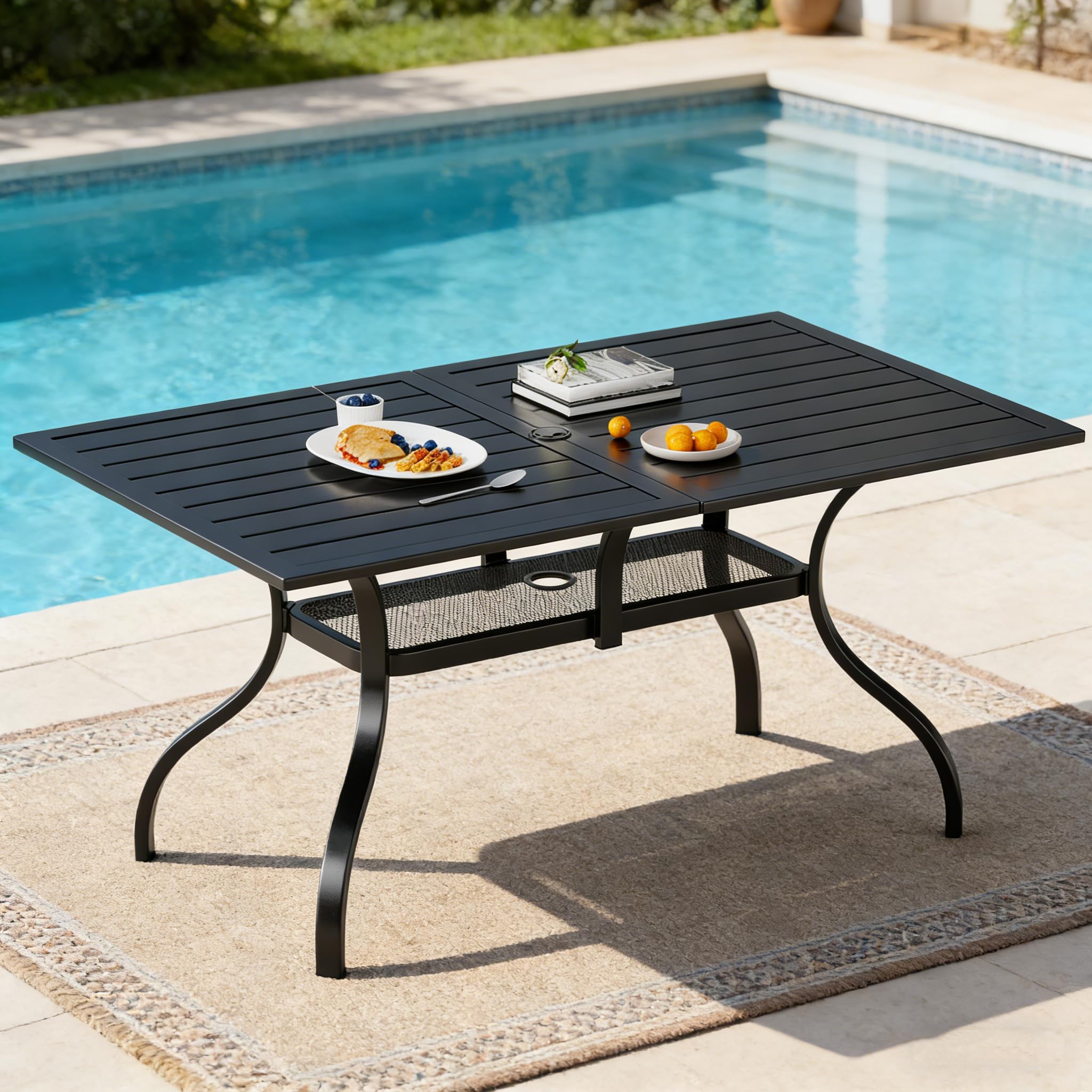 SUNCROWN 60"x37" Black Patio Outdoor Dining Table Metal Steel Slat Rectangular Bistro Table for Porch Deck Garden Backyard Poolside, 1.57" Umbrella Hole